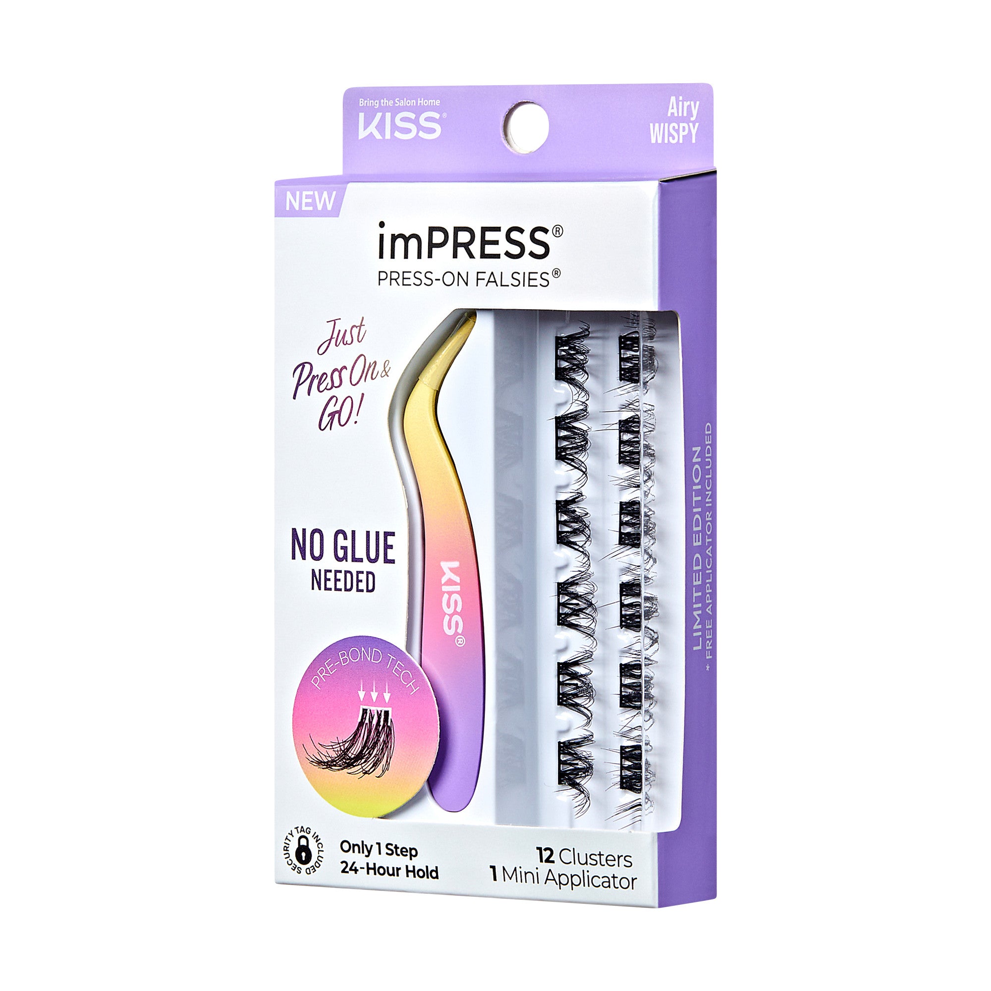 The image shows a product package for "imPRESS Press-On Falsies" by KISS. The packaging is primarily white with purple and gold accents. The product is described as "Airy Wispy" and is labeled as "NEW." The package highlights that no glue is needed and features a "Pre-Bonded Technology." It includes 12 clusters of false eyelashes and one mini applicator. The packaging also mentions "Only 1 Step" and "24-Hour Hold." The product is designed for easy application with the tagline "Just Press On & Go!