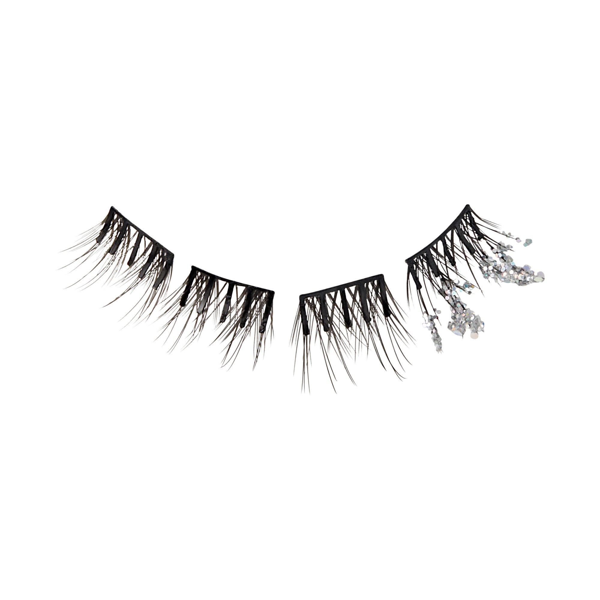The image features a pair of false eyelashes. One set has a dramatic, spiky design with varying lengths, while the other set includes sparkling embellishments, adding a touch of glamour. The lashes are predominantly black, showcasing a mix of fine and thicker strands, with the embellished side featuring shimmering accents that catch the light.