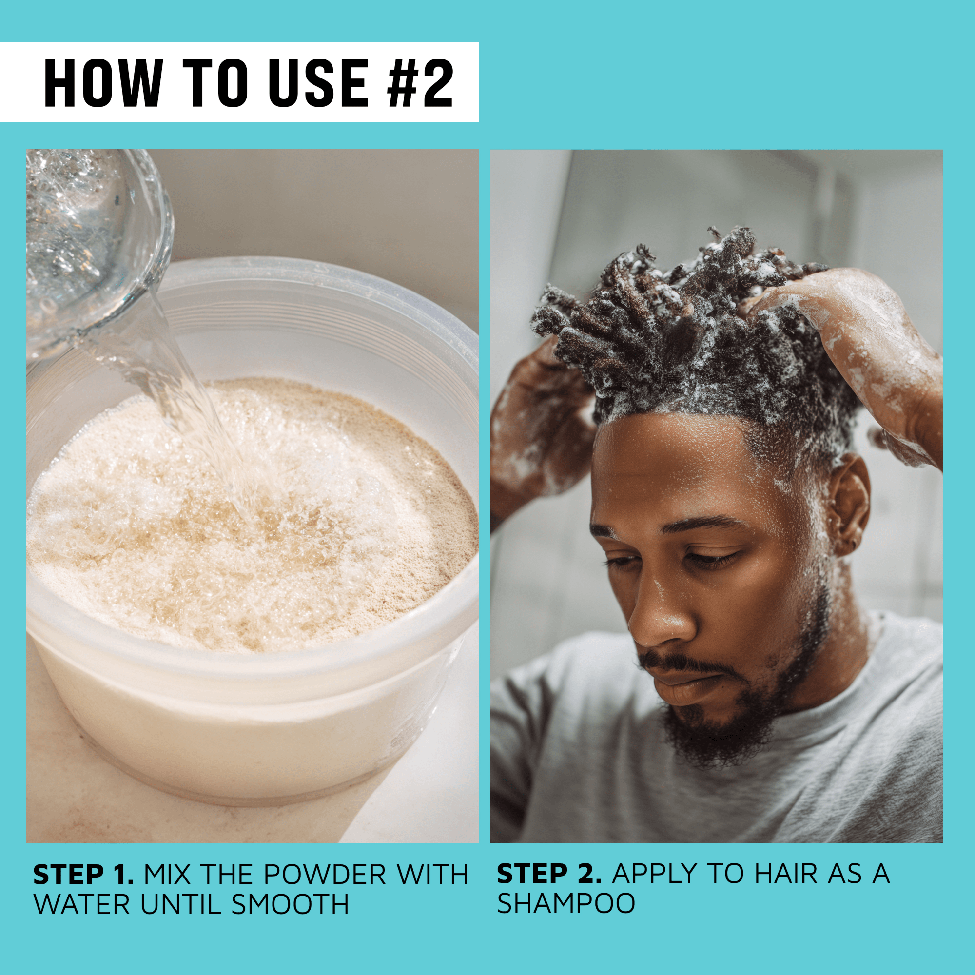Instructions on how to use a hair care product with text overlay and images of mixing powder and applying it.