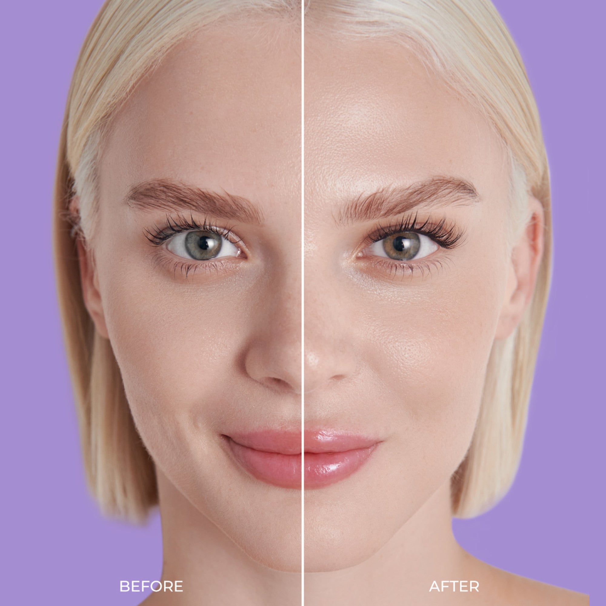 Close-up of a woman’s face split down the middle against a purple background, showing natural eyelashes on the left and longer, fuller self-adhesive eyelashes on the right labeled \
