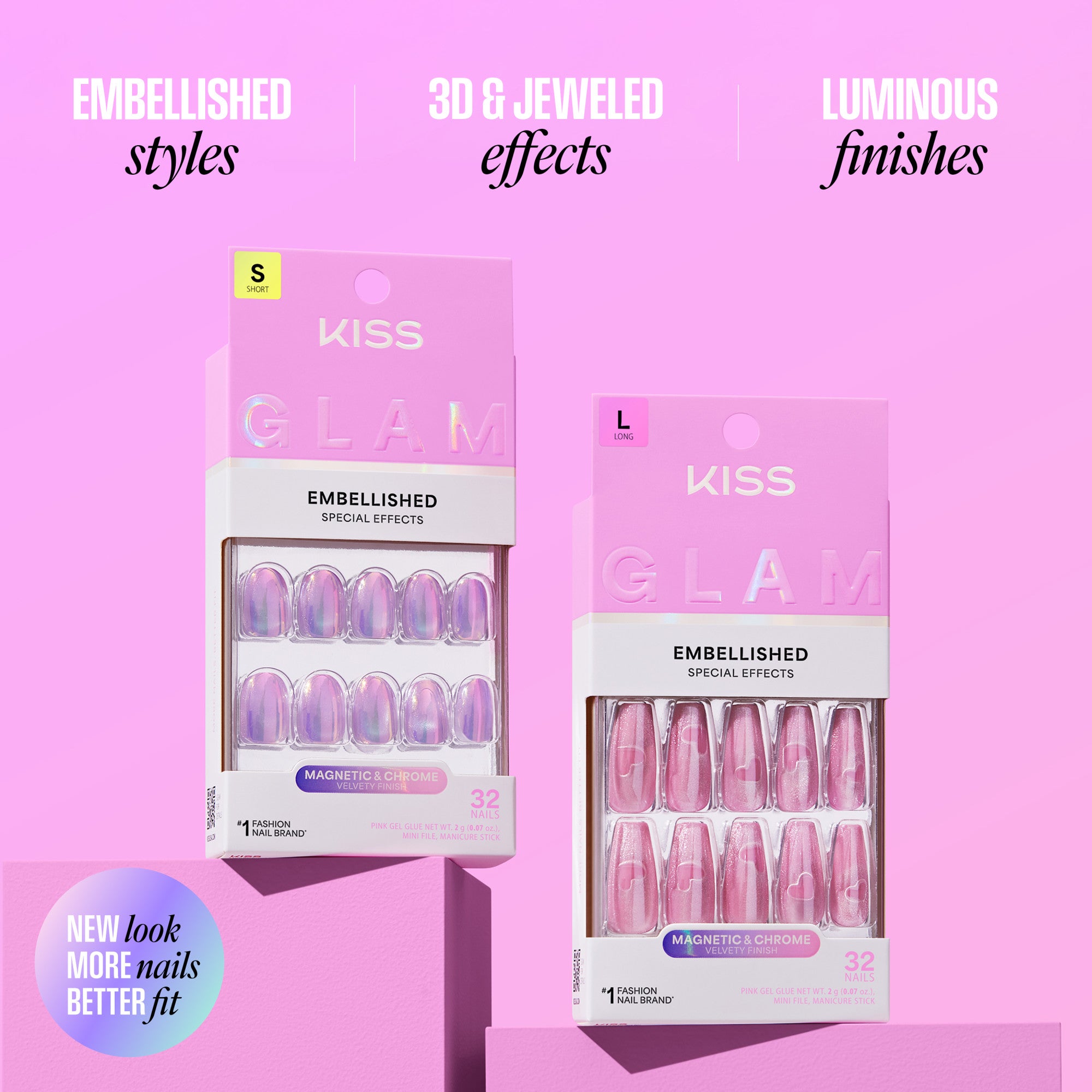 Kiss Glam Embellished Press On Fake Glue Nails - Velvet Noir | 3D & Jewel Design, Pink, Medium, Almond