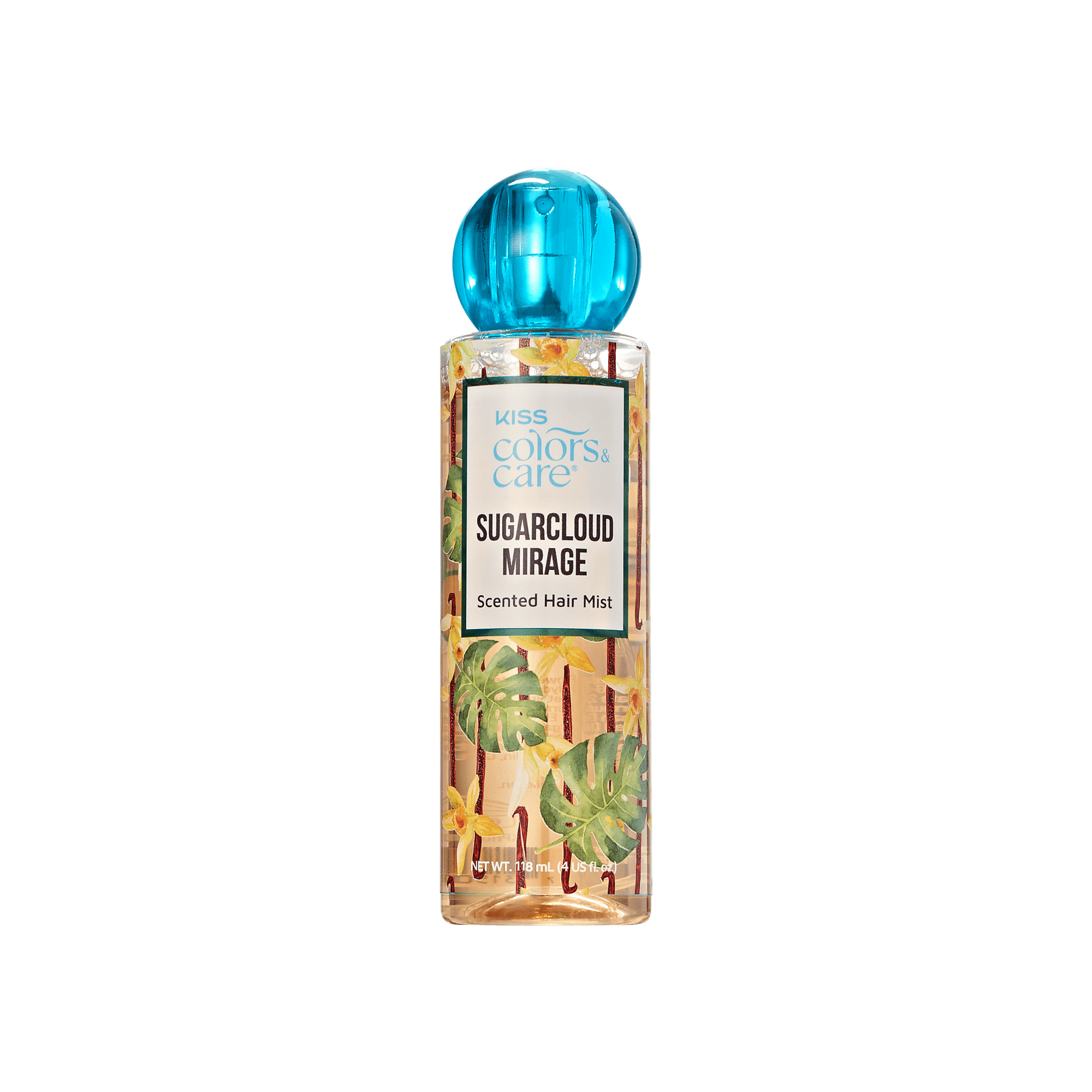 Clear spray bottle with blue round cap, decorated with tropical leaves and yellow flowers, labeled "KISS Colors & Care Sugarcloud Mirage Scented Hair Mist."