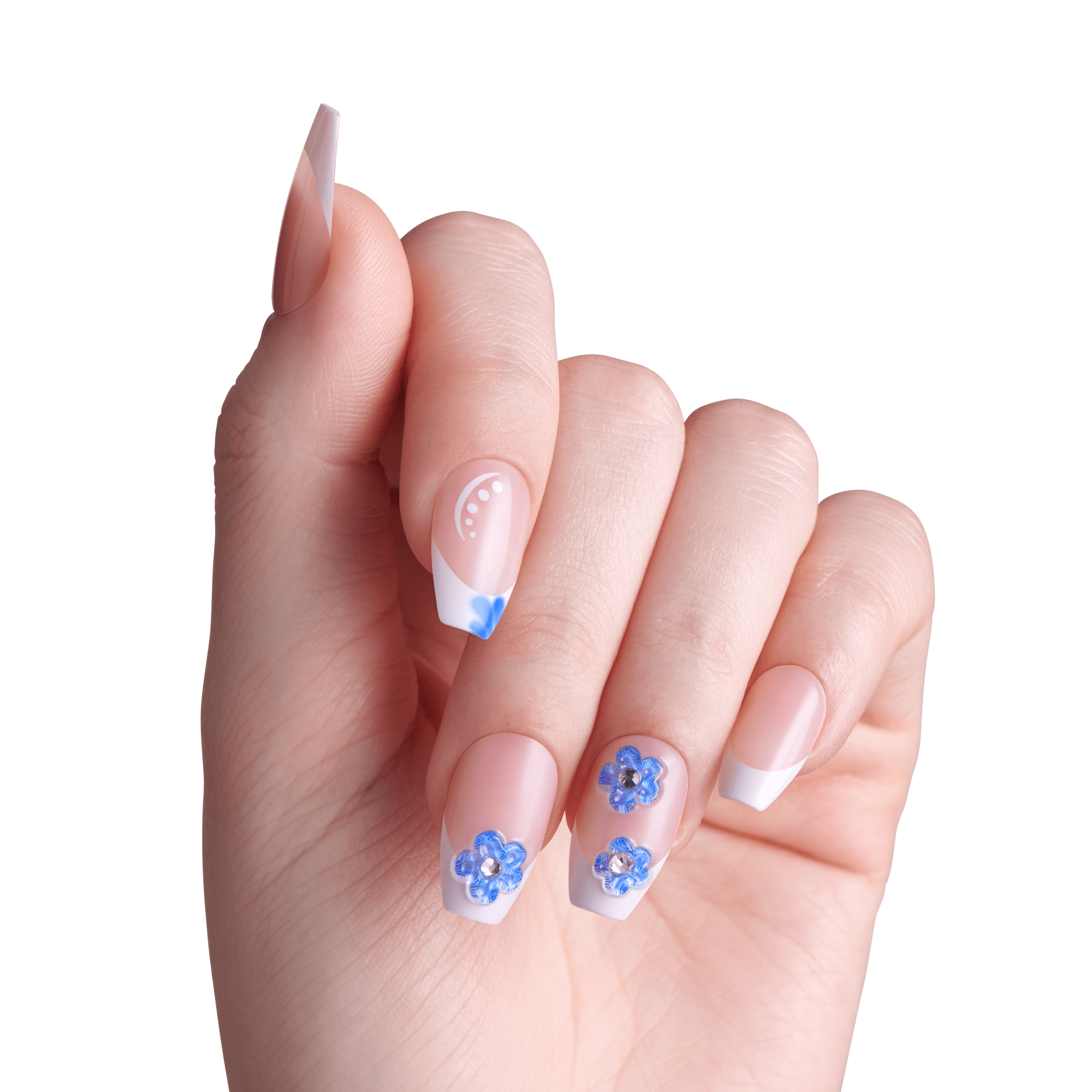 Hand with long square-shaped press-on nails featuring nude and white French tip design with blue floral accents and rhinestones on transparent background