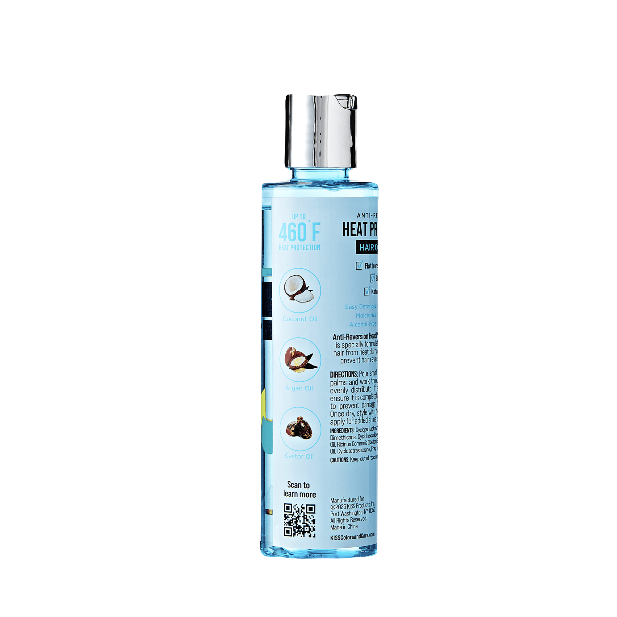 Slim transparent blue bottle with silver cap, labeled for heat protection up to 460°F, featuring coconut, argan, and castor oils.