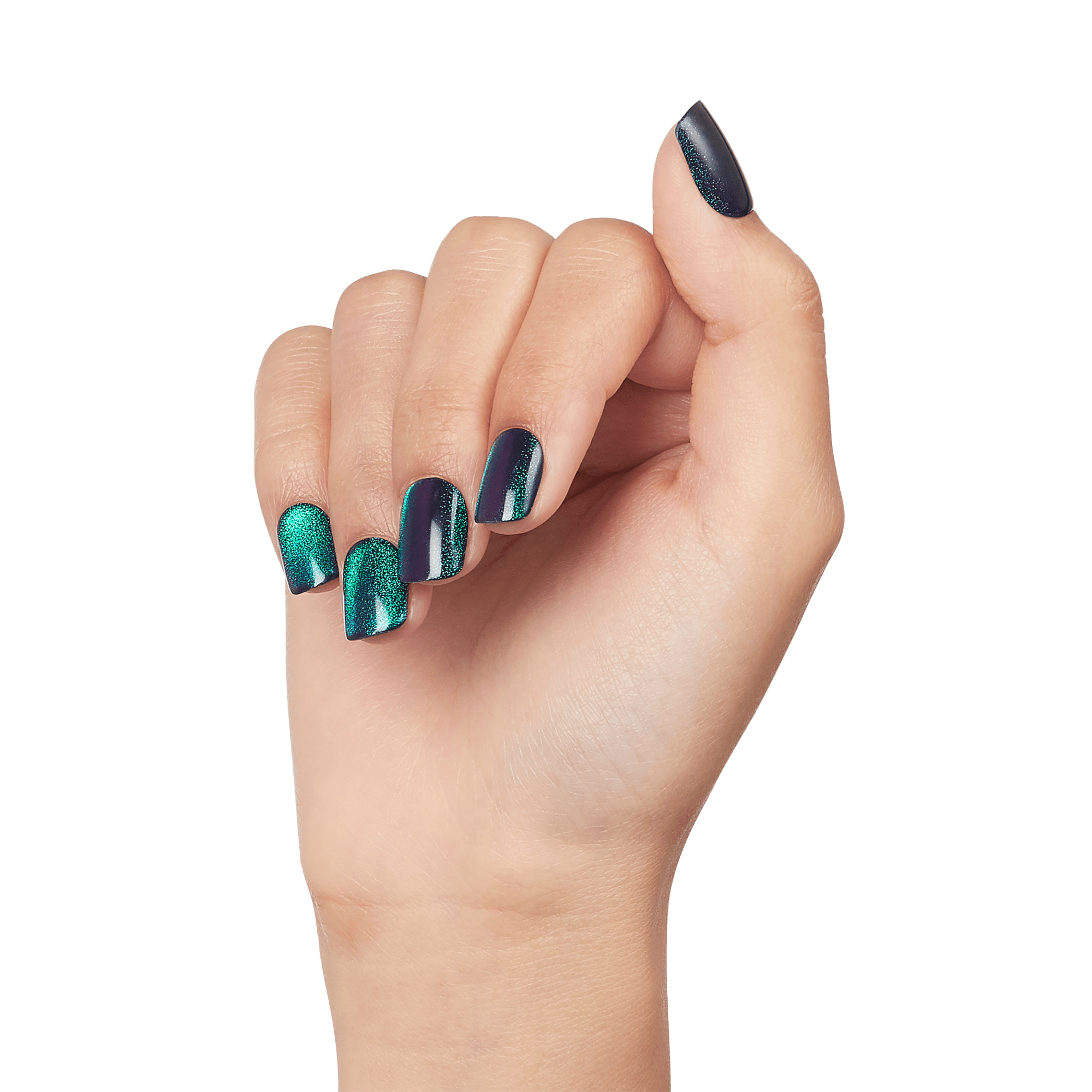 The image shows a close-up of a hand with manicured nails. The nails are painted with a glossy, multi-chromatic polish that shifts between shades of green and blue, giving a metallic and iridescent effect. The hand is positioned with the fingers slightly curled inward, and the thumb is extended outward. The skin tone is light, and the background is plain white, which highlights the vibrant colors of the nail polish.