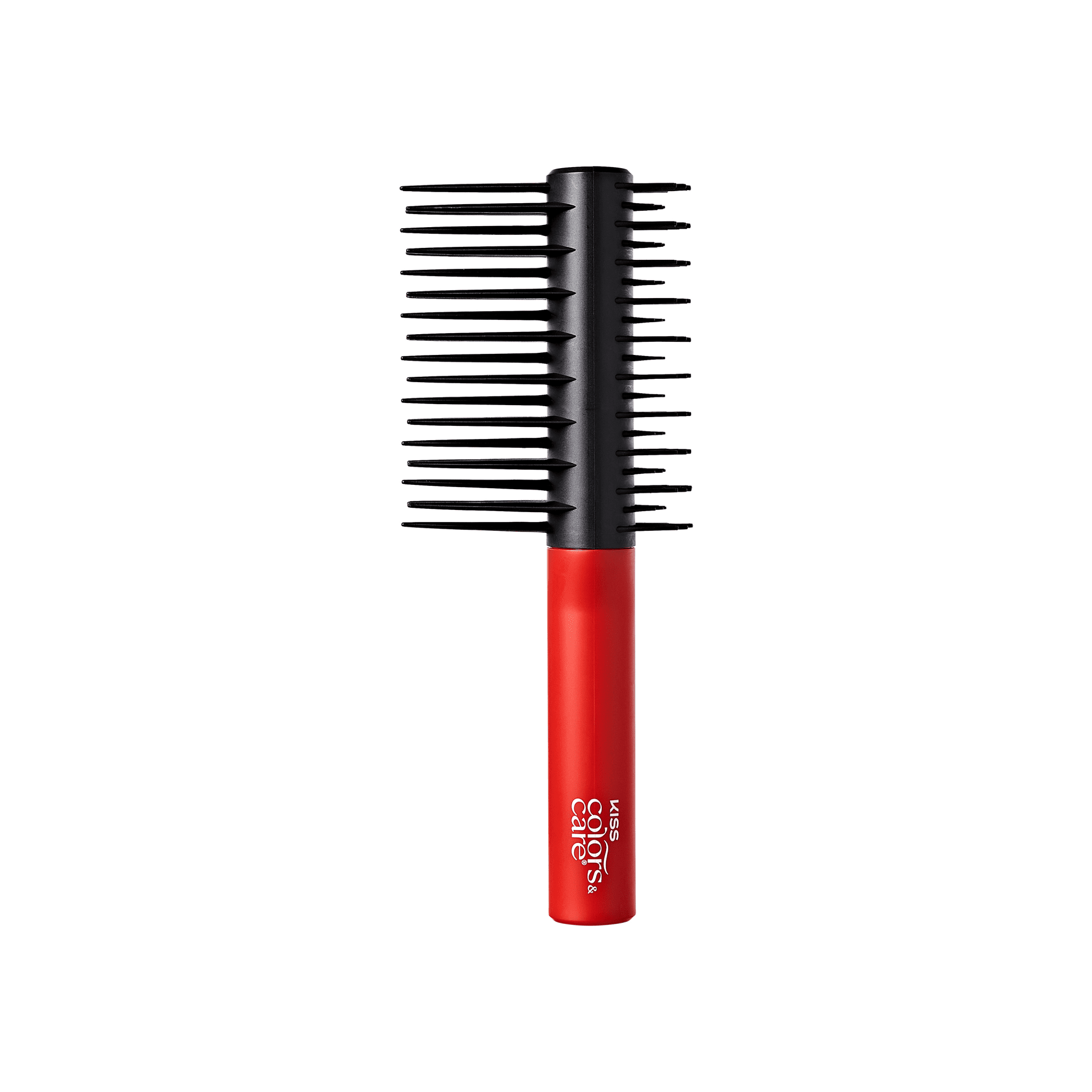 Detangling brush with black flexible bristles and a red handle featuring "KISS colors & care" logo, shown on a white background.