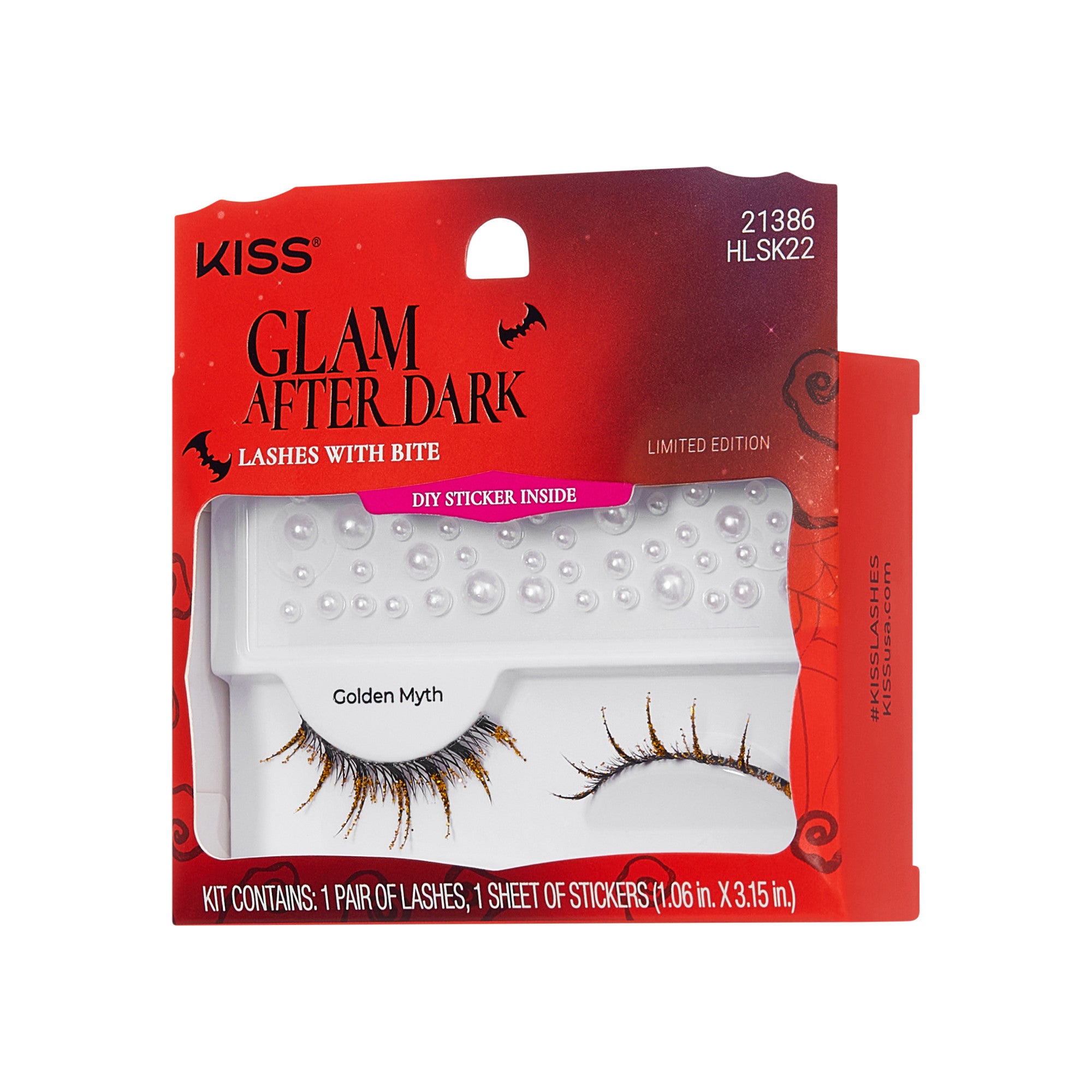 The image features a package of "KISS Glam After Dark" lashes, specifically the "Golden Myth" style. The packaging is designed with a limited edition theme, showcasing a dark and glamorous aesthetic. It includes one pair of false eyelashes and a sheet of stickers, which are likely intended for decoration or enhancement. The lashes have a dramatic design, featuring a mix of long and short strands, with a hint of gold accents. The overall look is stylish and suitable for a bold makeup statement.