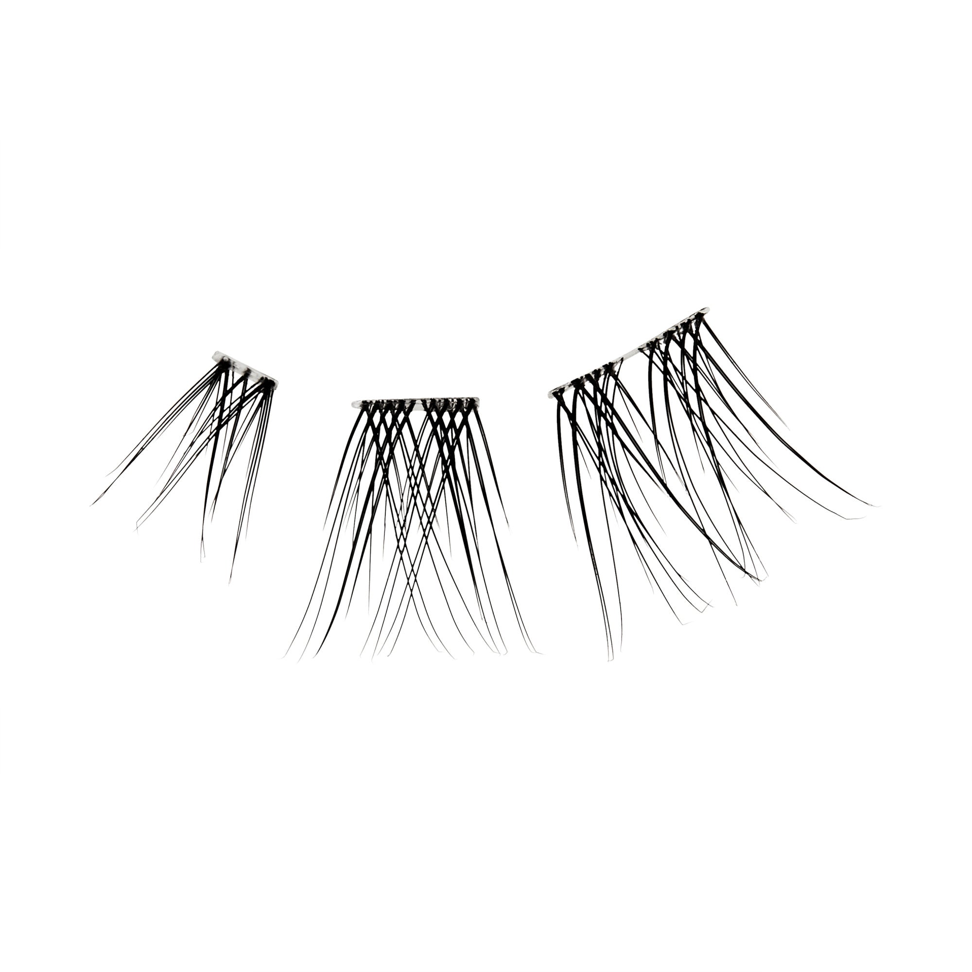 Three sets of delicate black false eyelash wisps of varying lengths on a white background, designed for subtle lash enhancement.
