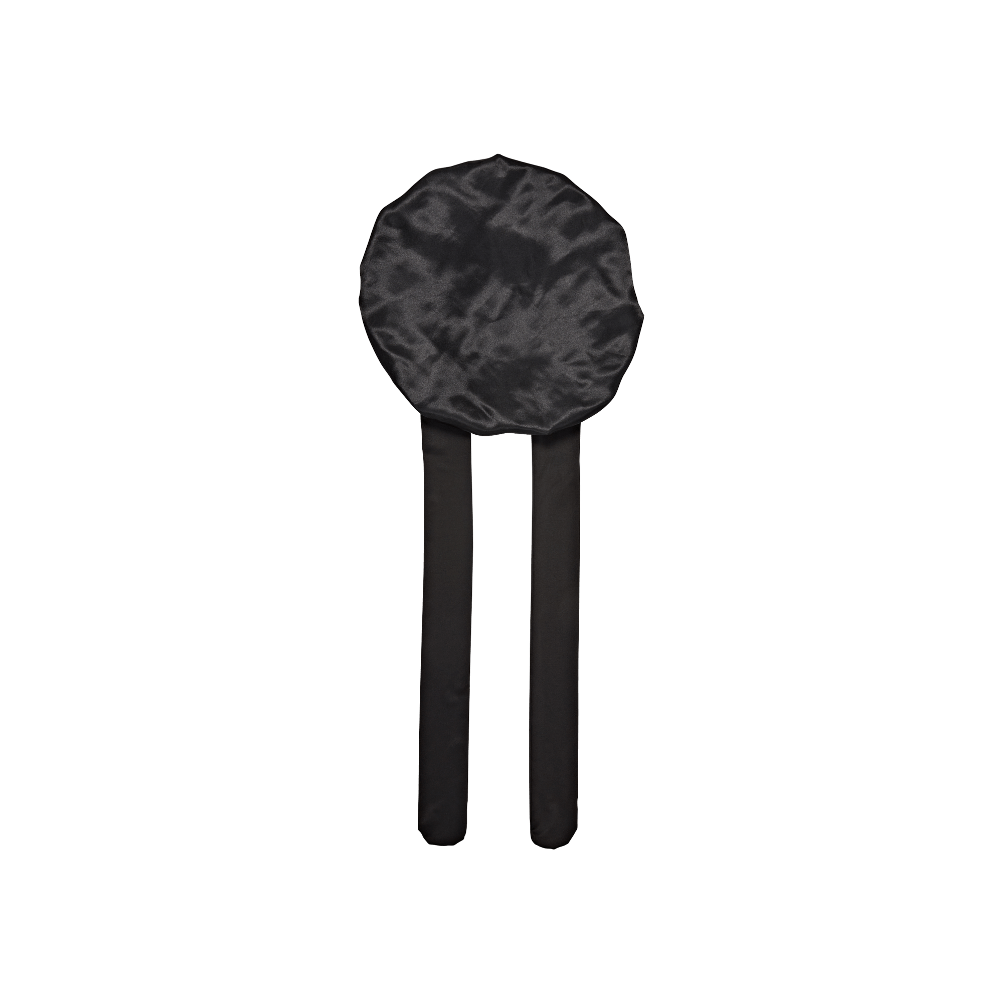 Black lollipop with round head and stick handle against white background.
