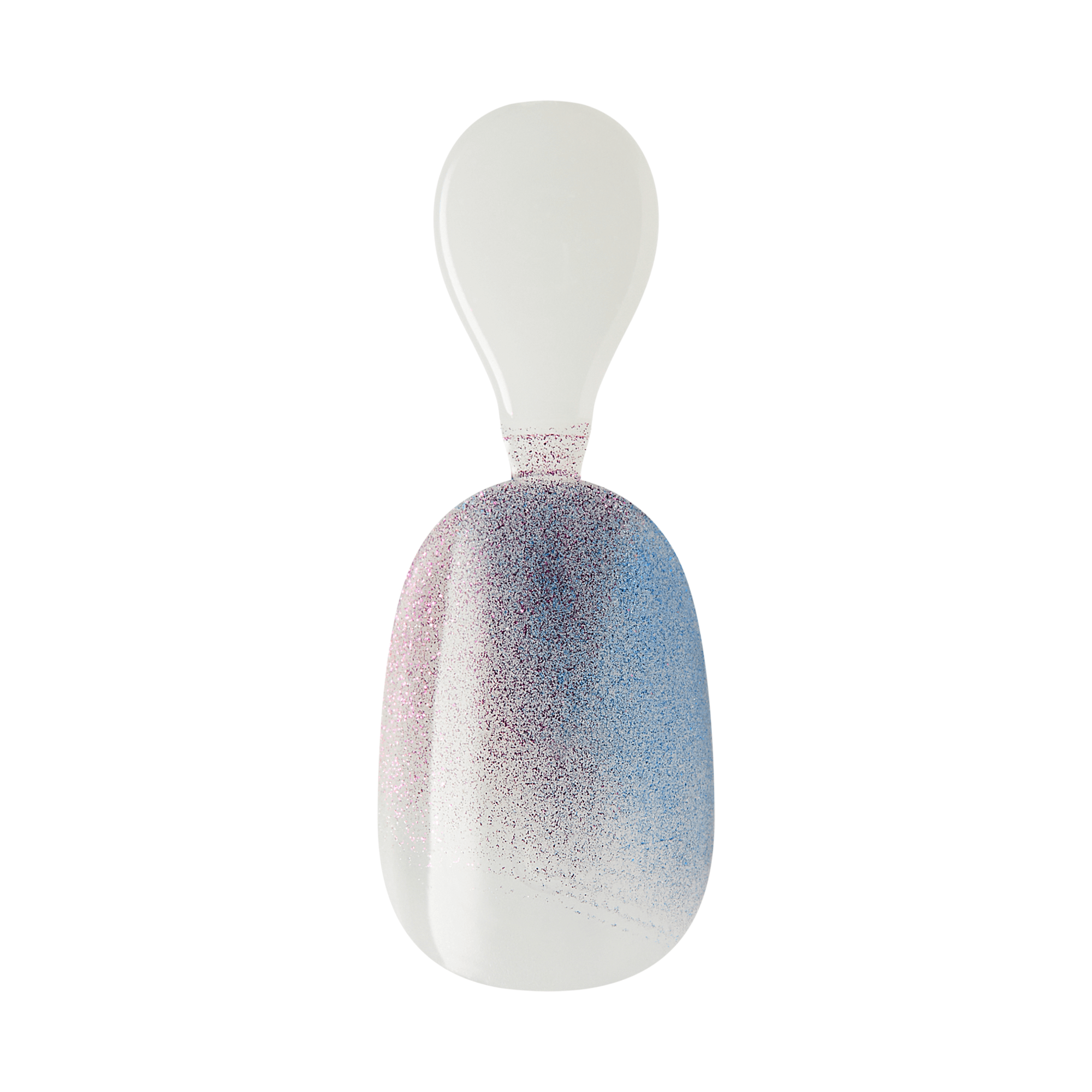 The image features a sleek, modern object that resembles a spoon or scoop. It has a rounded, bulbous body that transitions from a soft white at the base to a gradient of pastel colors, including light pink and blue, towards the top. The surface appears to have a speckled texture, adding a subtle visual interest. The handle is elongated and smooth, complementing the overall elegant design of the piece.