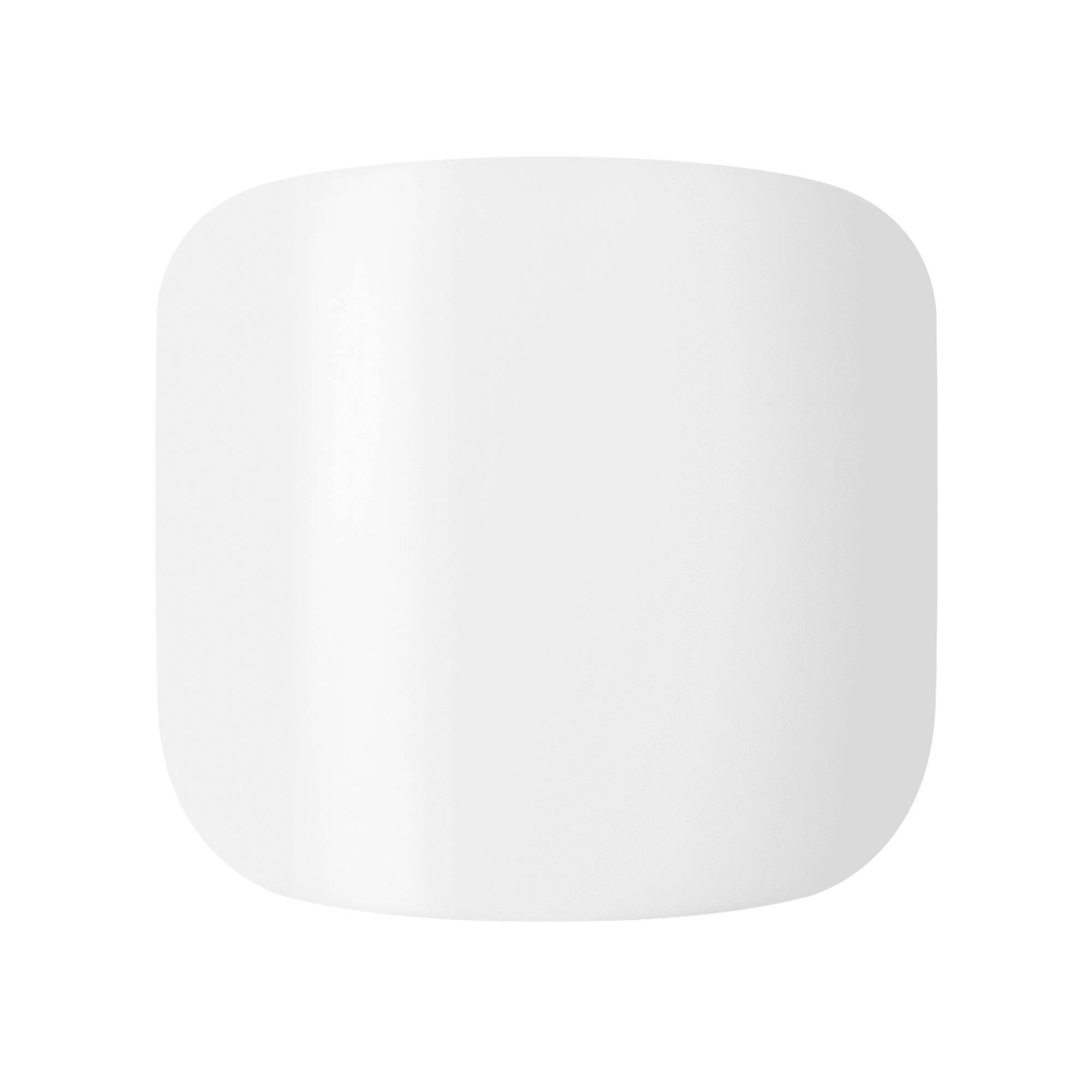 A single shiny, white artificial nail in short, squoval shape. Nail is from the KISS pedicure kit in &