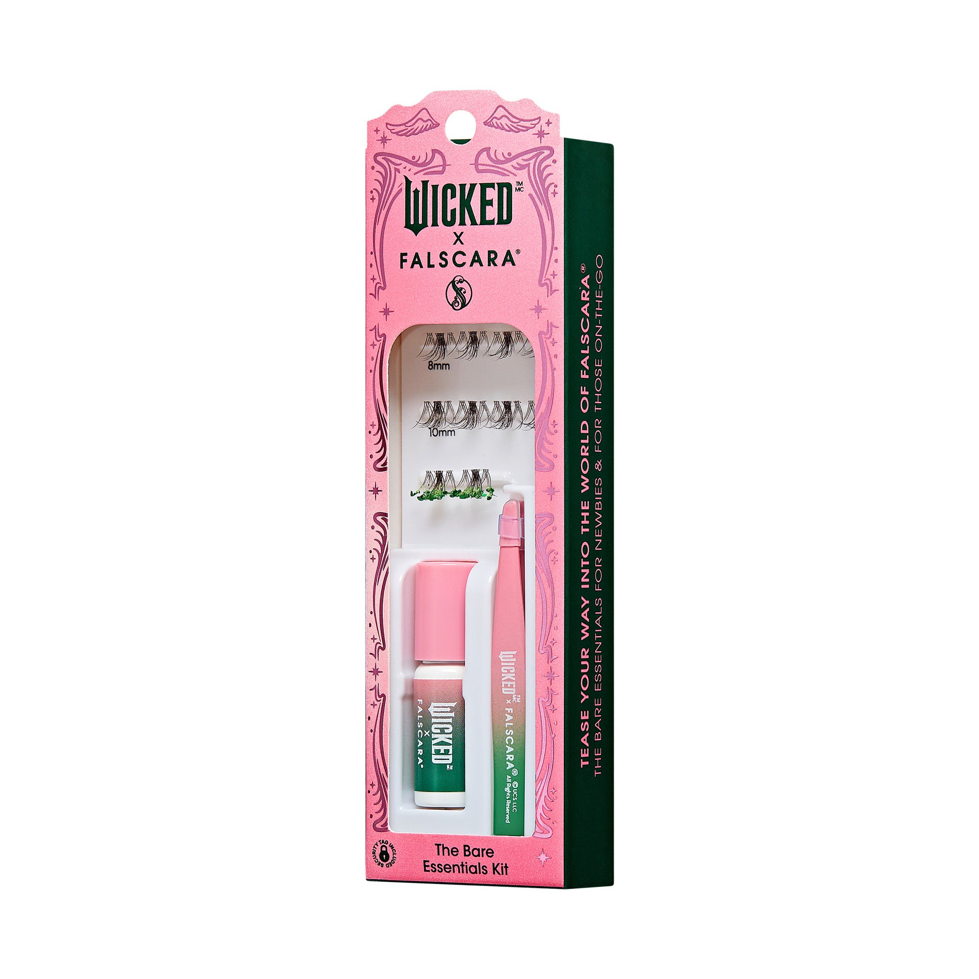 The image features a packaging for the "Wicked x Falscara" collaboration, specifically the "Bare Essentials Kit." The kit is presented in a vibrant pink box adorned with decorative elements. It includes a small tube of adhesive, a pair of false eyelashes, and an applicator tool. The design is eye-catching, with playful graphics and a whimsical font, inviting users to explore the world of lash application. The overall aesthetic is fun and appealing, targeting beauty enthusiasts.
