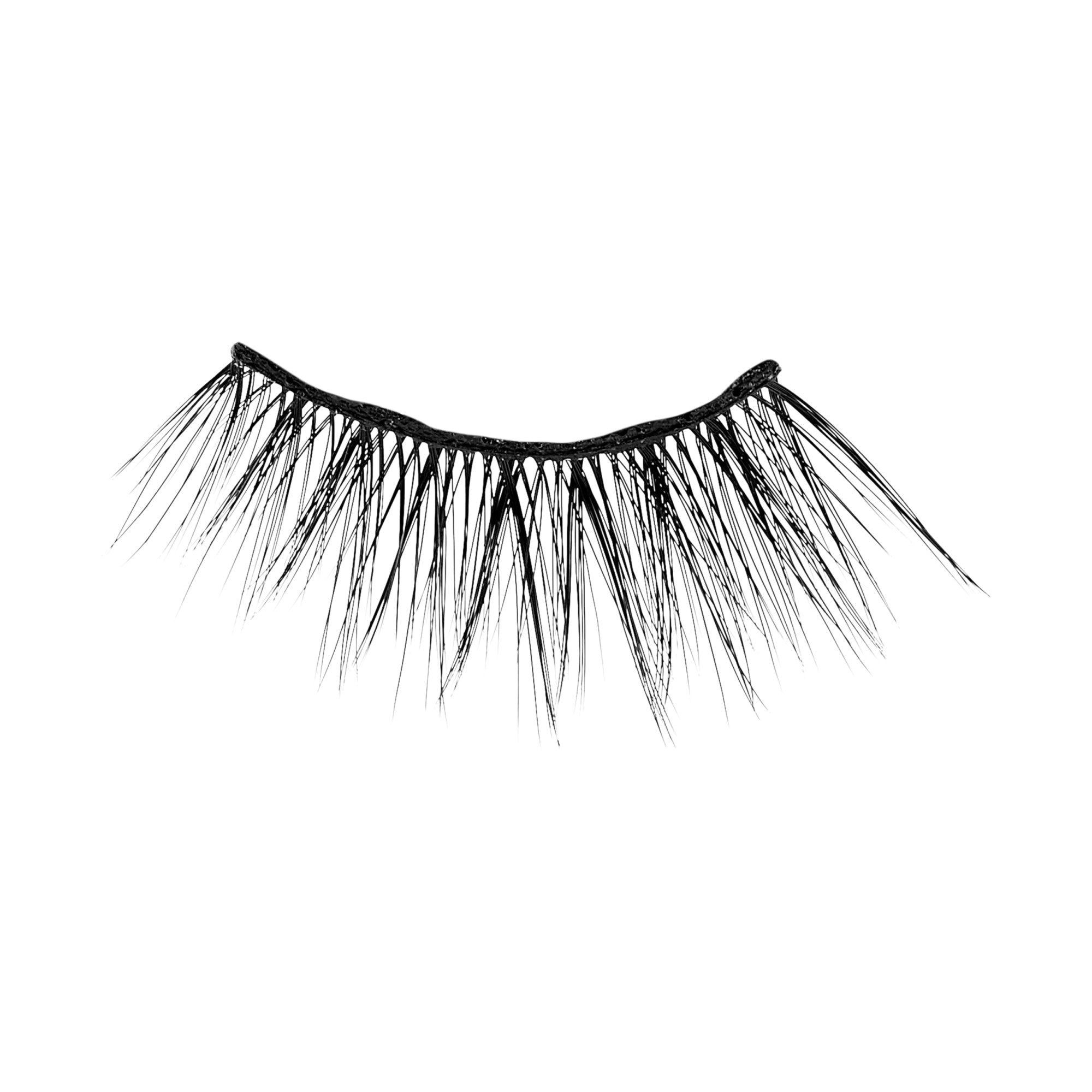 Single black, wispy false eyelash with varied length strands, designed for a lightweight and natural look, from KISS Magnetic Eyeliner & Lashes Entice set.