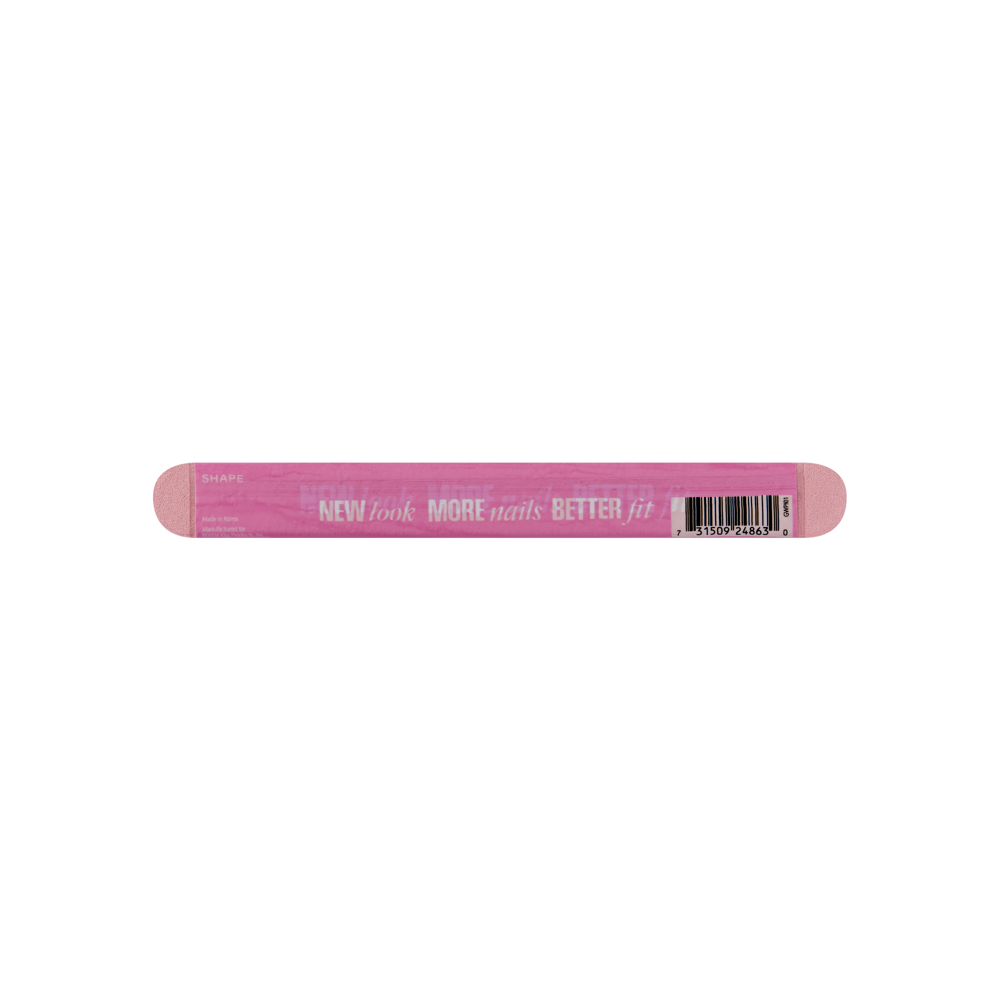 Pink nail file with "NEW look MORE nails BETTER fit" text and barcode label