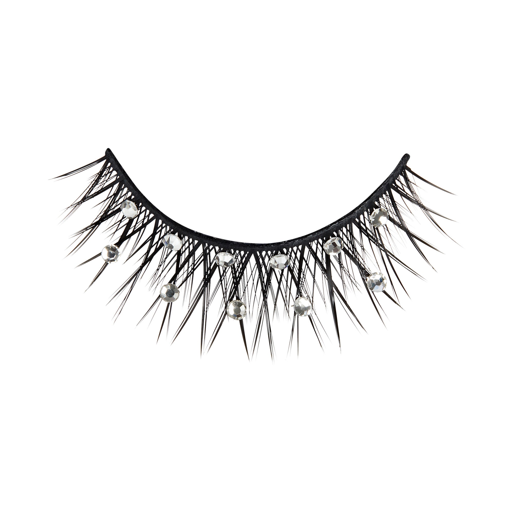 The image features a pair of false eyelashes that are long and dramatic. The lashes are predominantly black with a feathery texture, and they are adorned with small, sparkling rhinestones that hang delicately from the tips. The overall design is glamorous and eye-catching, perfect for enhancing eye makeup for special occasions or performances. The lashes are presented against a plain white background, emphasizing their intricate details and shine.