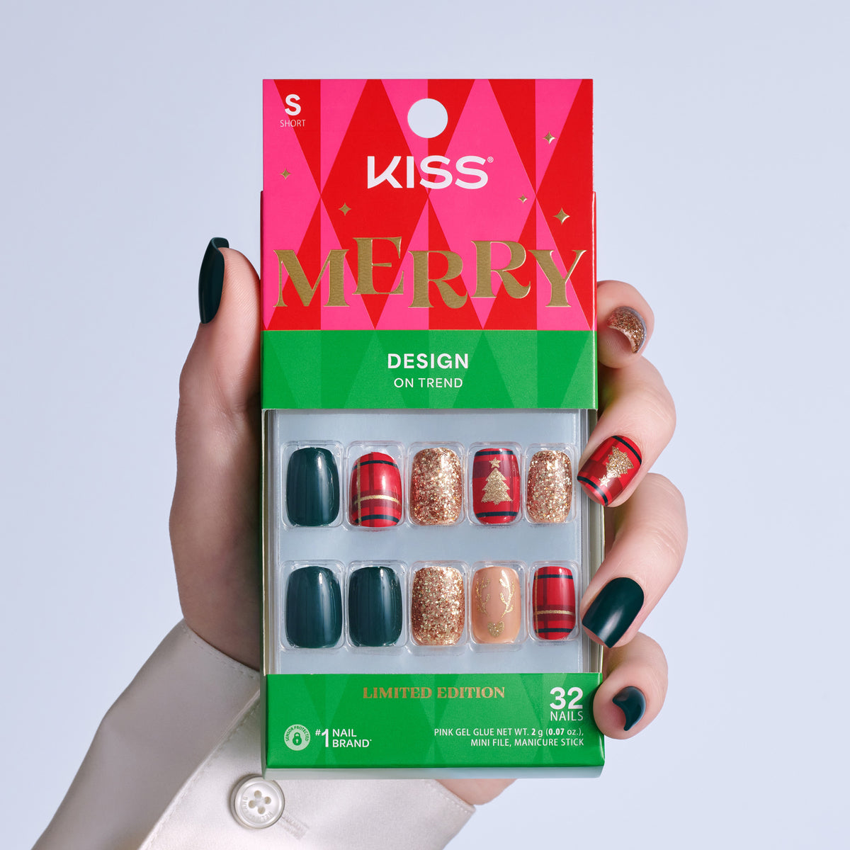 Kiss Merry Holiday Press On Fake Glue Nails - Warm Hug | Design, Multicolor, Short, Squoval