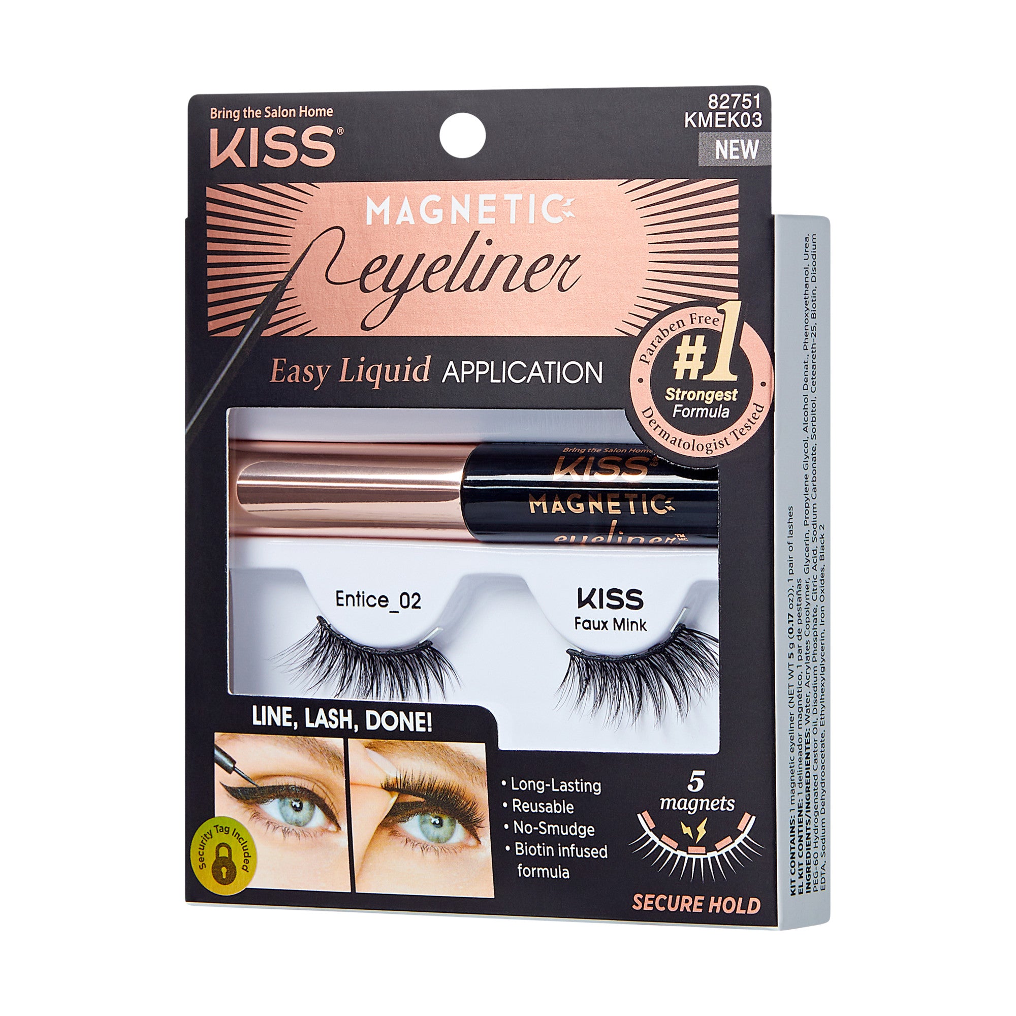KISS Magnetic Eyeliner & Lashes - Entice packaging with rose gold and black eyeliner tube, faux mink lashes, claims of easy liquid application, no-smudge, reusable, and secure hold with 5 magnets.