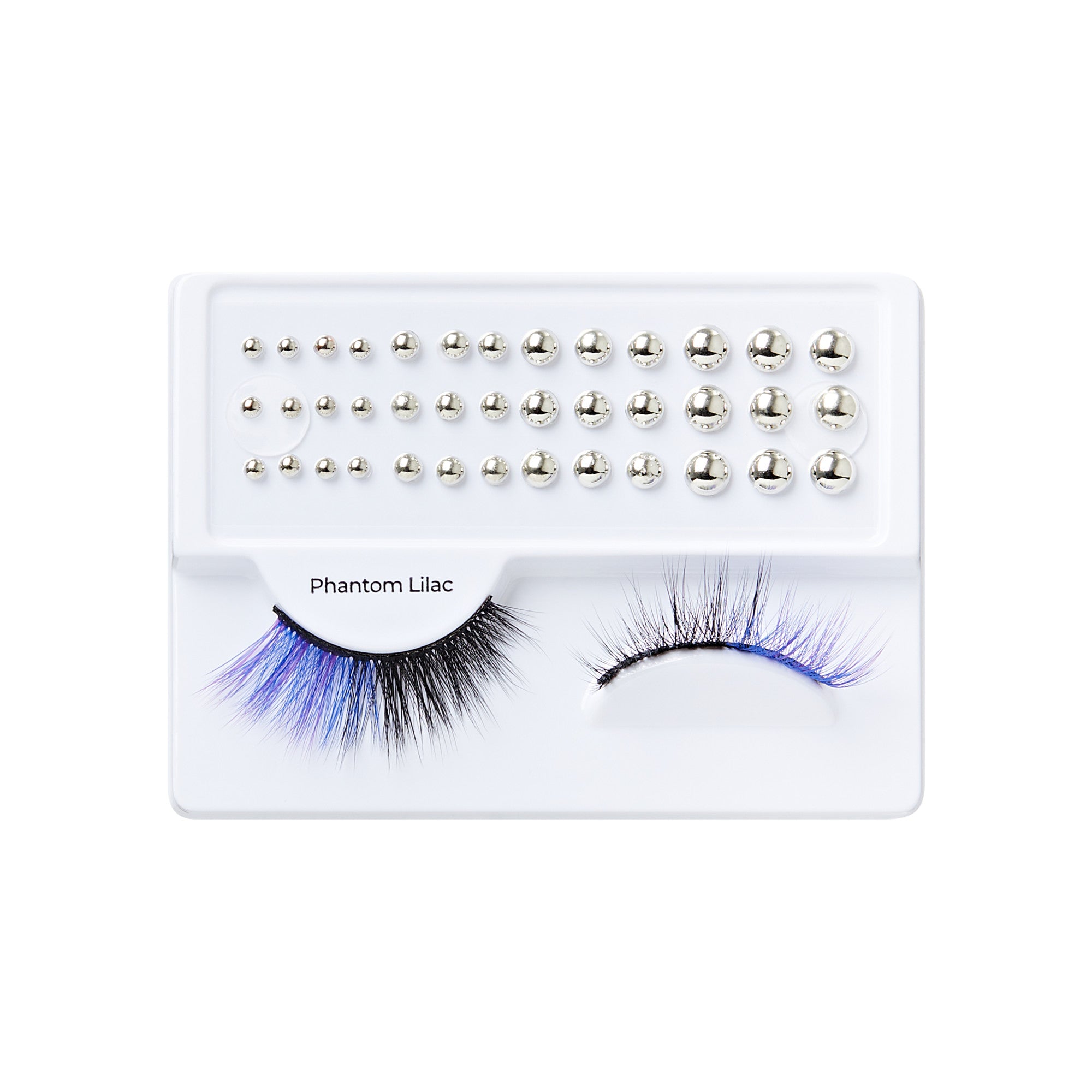 Phantom Lilac false eyelashes with blue accents on white display card with rhinestones
