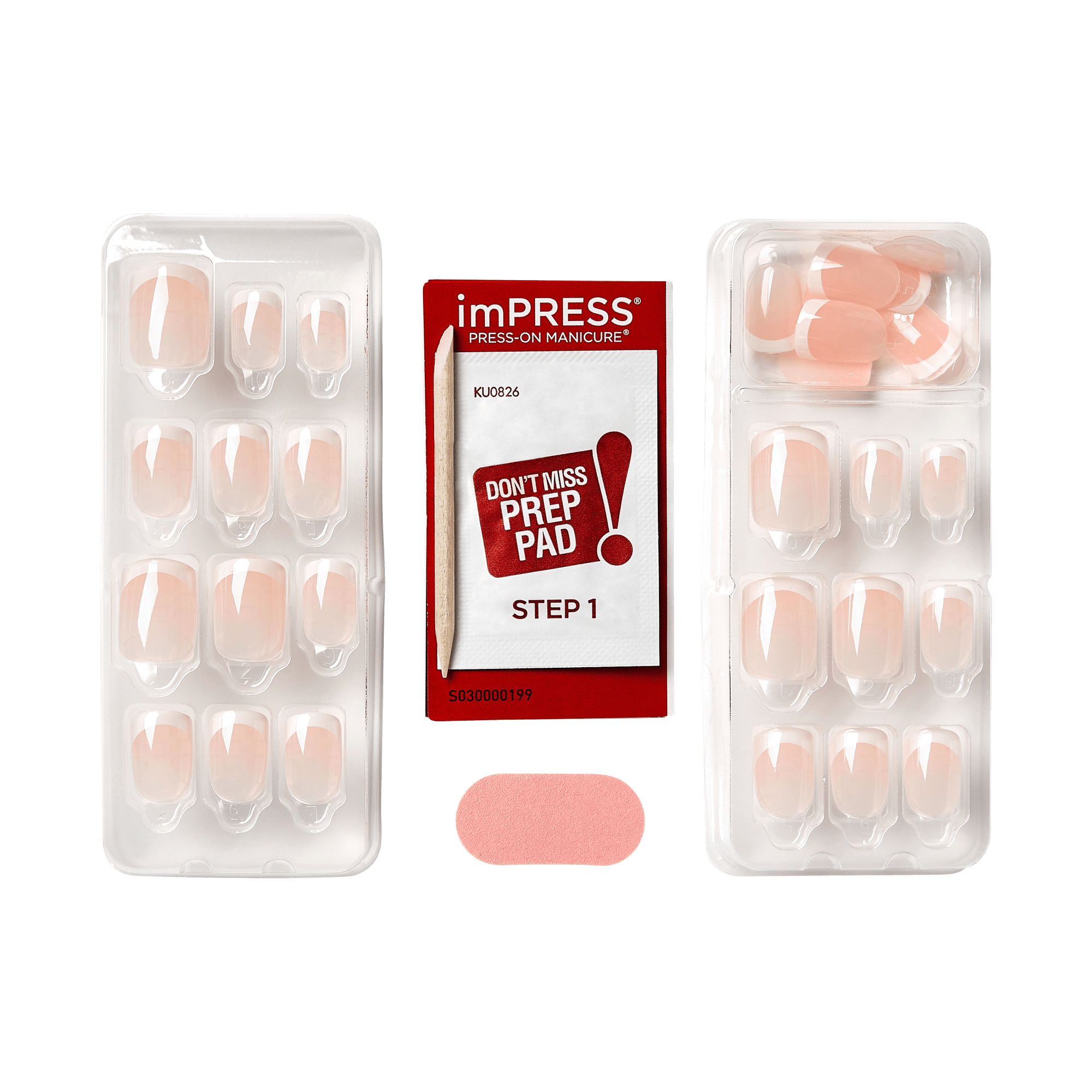 Two clear plastic trays containing pink press-on French manicure nails, a red and white prep pad packet with text \