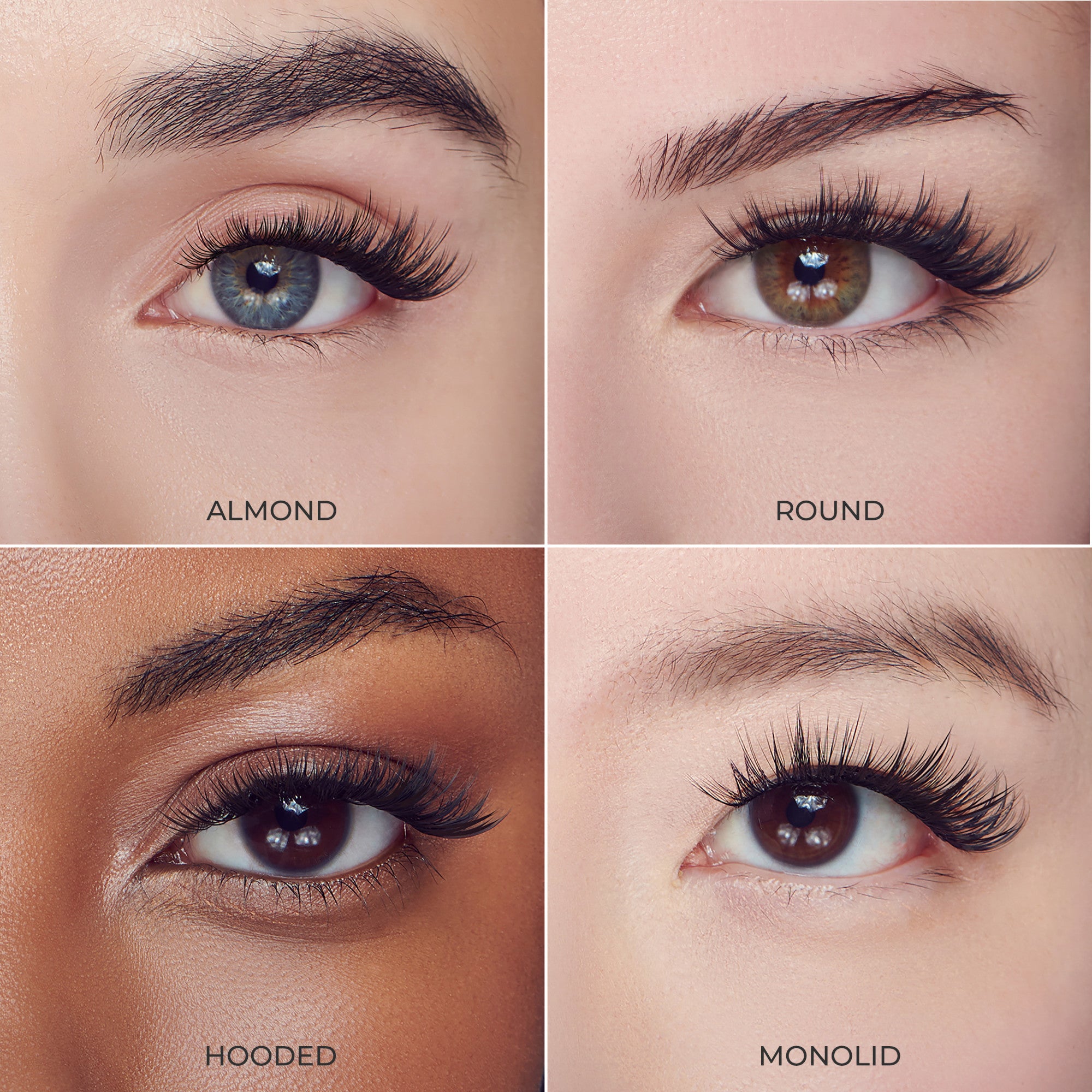 Close-up views of four different eye shapes—almond, round, hooded, and monolid—each wearing spiky self-adhesive false eyelashes.