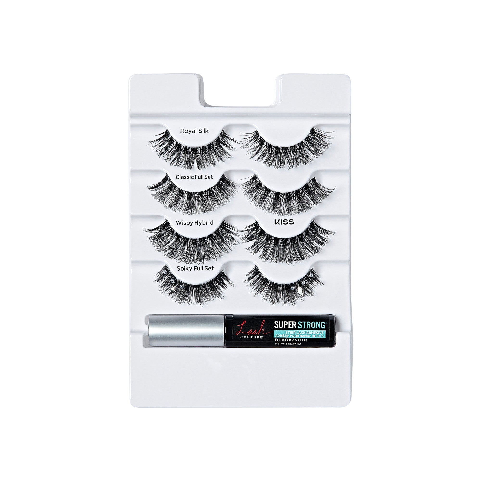 Four pairs of black false eyelashes labeled Royal Silk, Classic Full Set, Wispy Hybrid, and Spiky Full Set with small rhinestones, plus a tube of black Super Strong eyelash adhesive on a white tray.