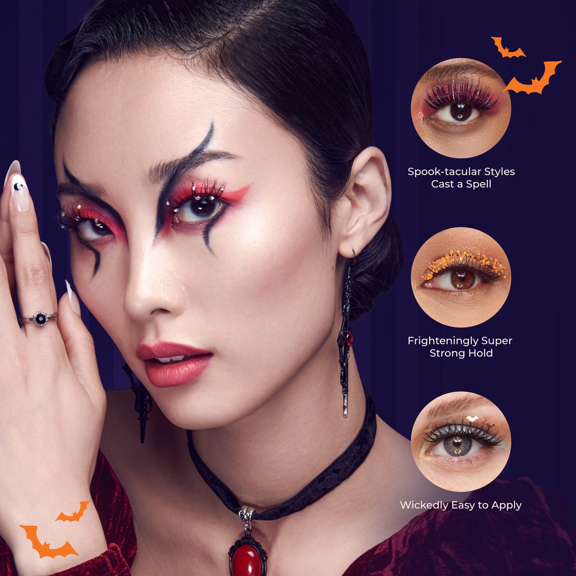 Close-up of a woman with dramatic black and red Halloween eye makeup wearing red false eyelashes. She has black hair styled back, red lipstick, a black choker with a red pendant, and claw-like nail art with a moon design.