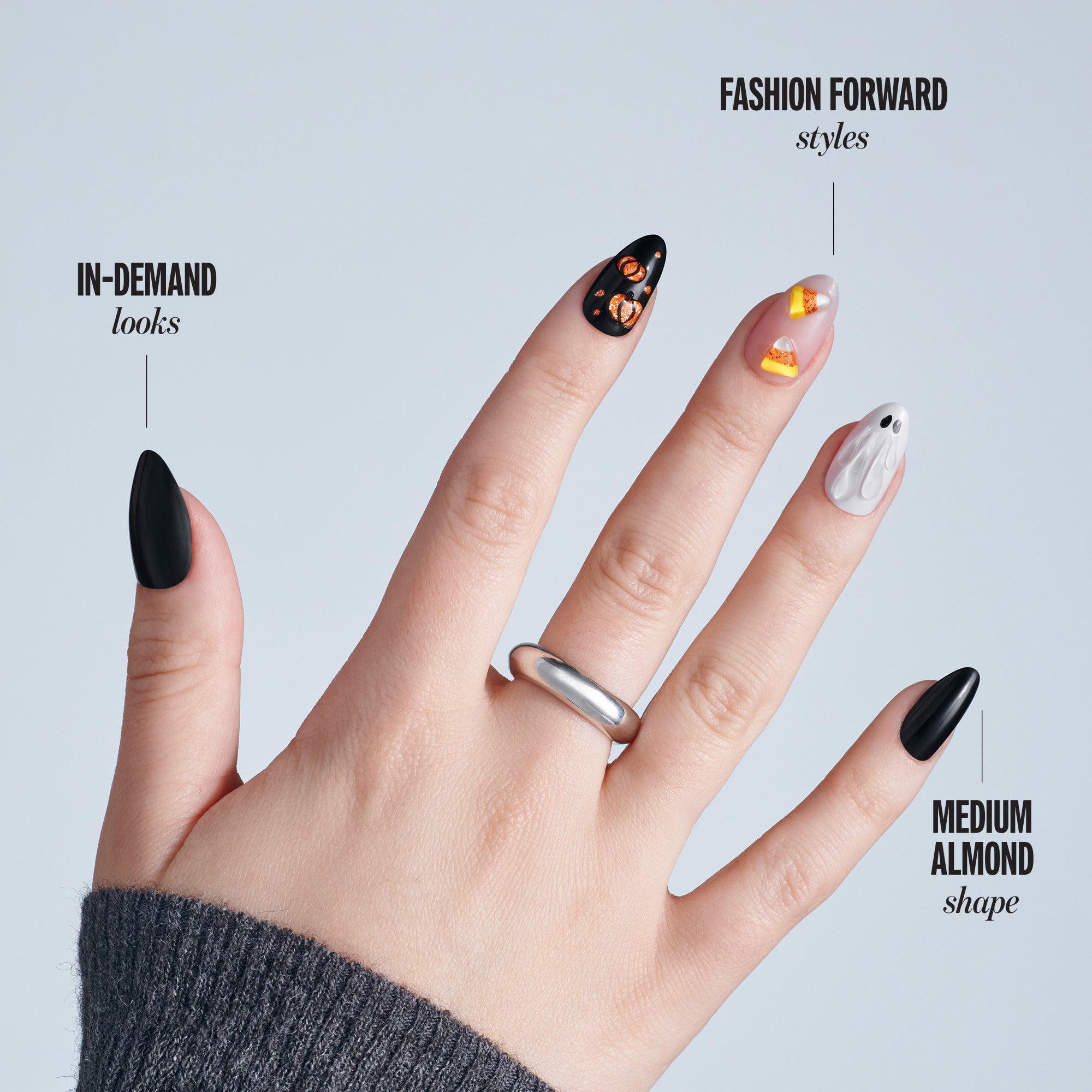 Kiss Haunt Halloween Press On Fake Glue Nails - Witching Hour | Design, Orange, Medium, Almond, Glow In The Dark