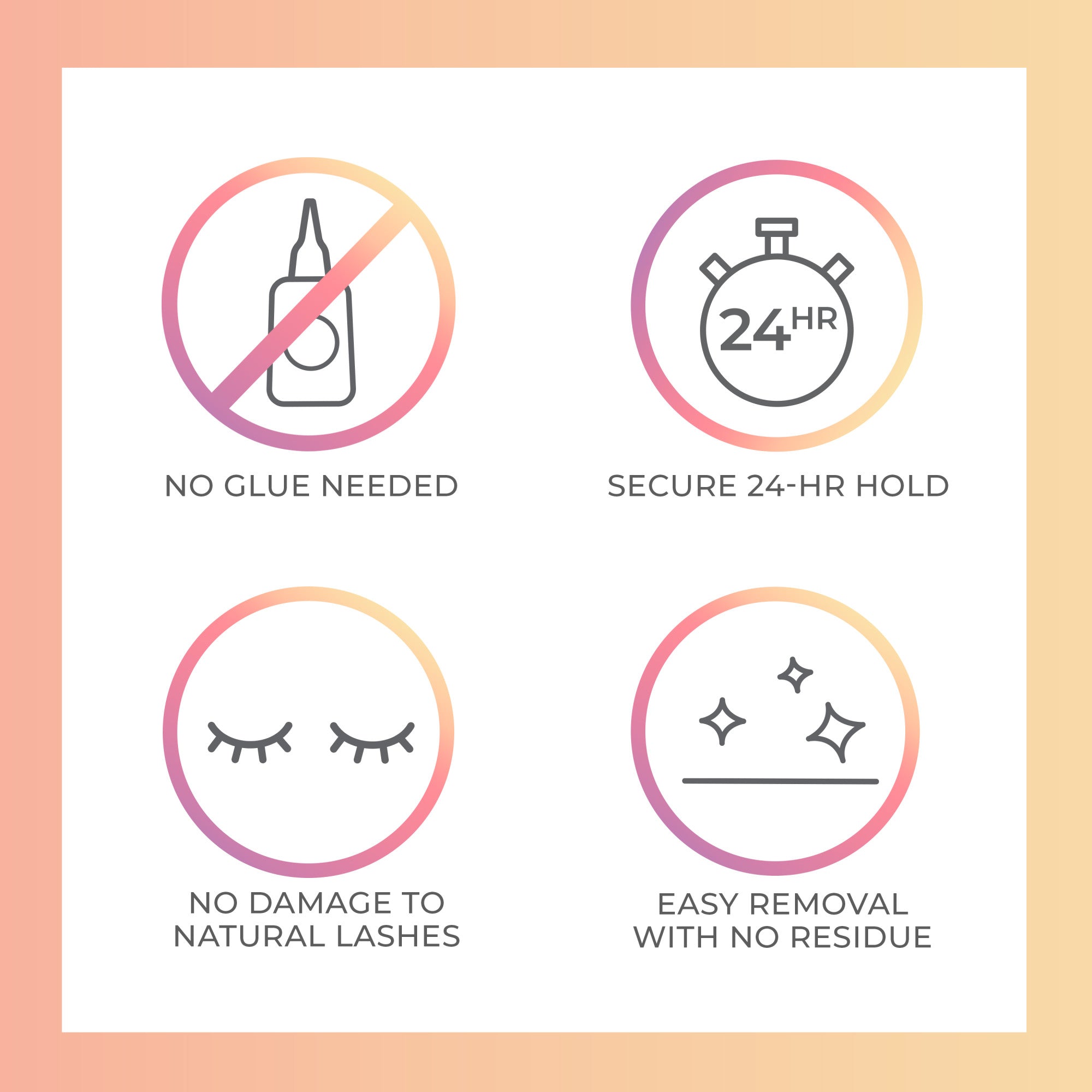 Four icons with gradient circle borders highlighting product features: no glue needed, secure 24-hour hold, no damage to natural lashes, and easy removal with no residue.