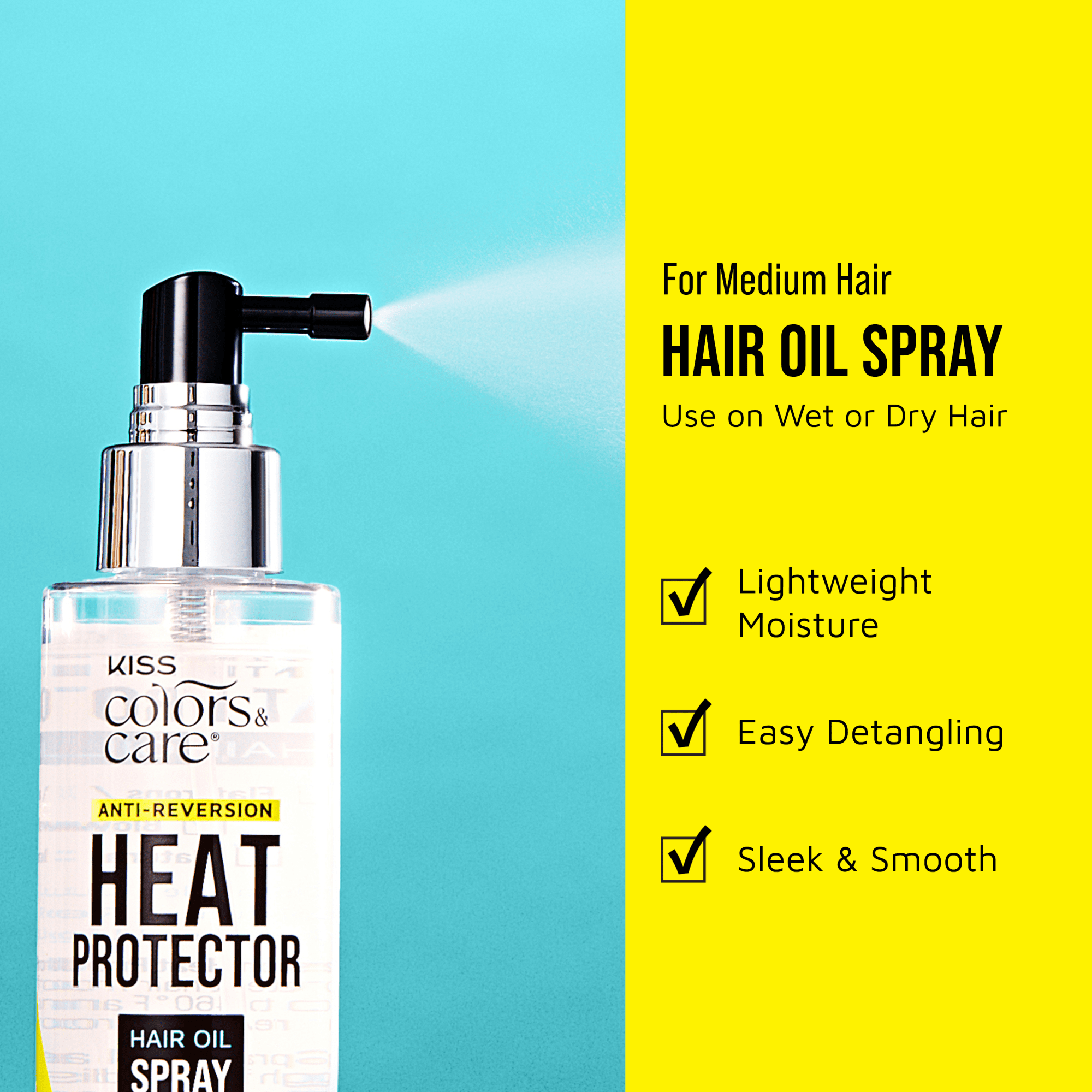 Clear spray bottle of KISS Colors & Care Anti-Reversion Heat Protector Hair Oil Spray shown spraying, against blue and yellow background with text highlighting use for medium hair, lightweight moisture, easy detangling,…