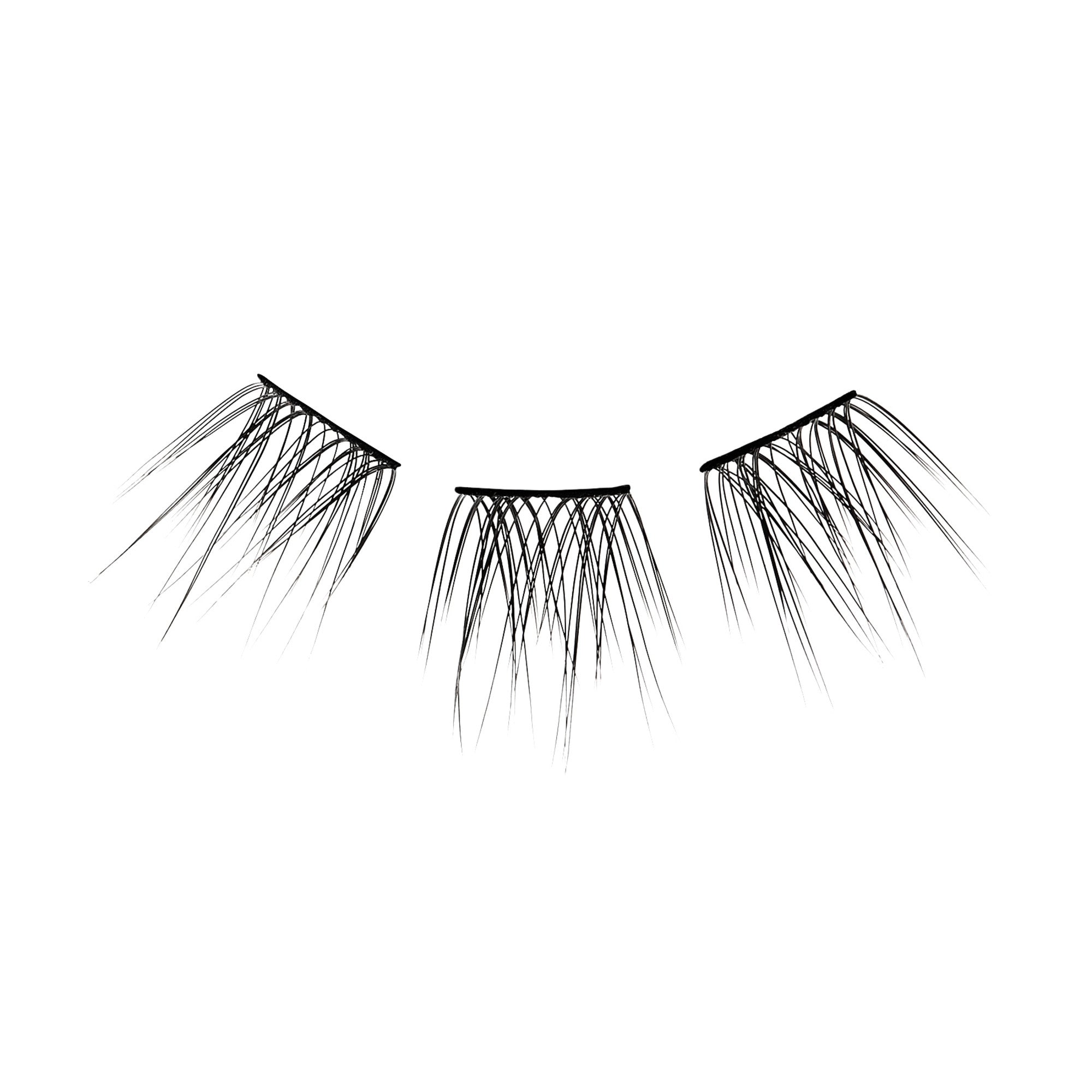 Three sections of black, thin, finely spaced false eyelash wisps arranged in a slight curve on a white background, showing length and delicate texture.