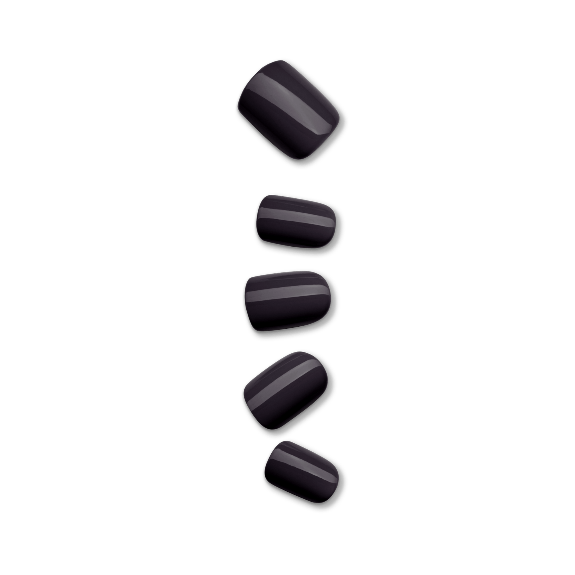 Five glossy press-on nails in solid black arranged vertically against a plain background, showing a variety of square to rounded shapes.