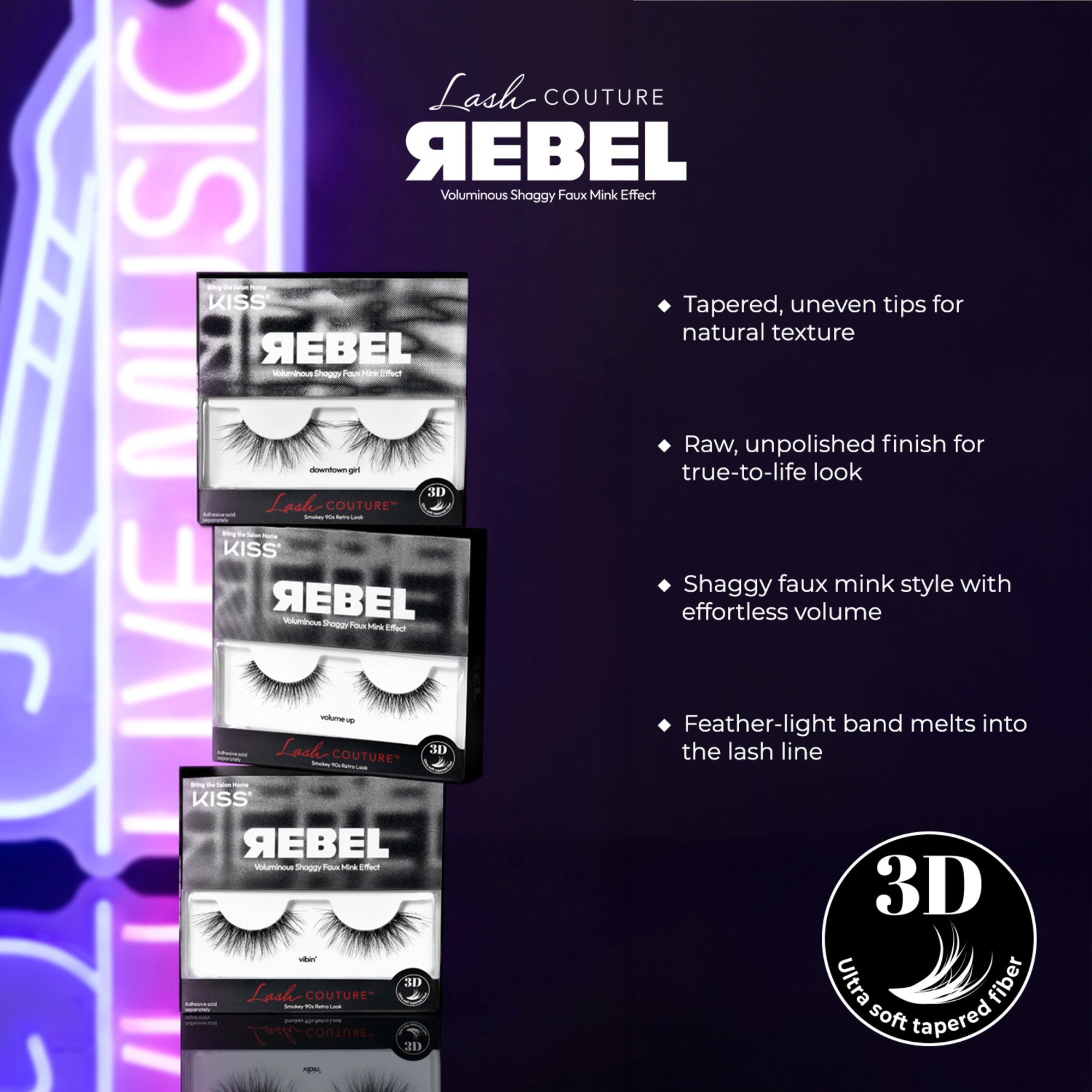 Three stacked KISS Lash Couture Rebel Collection eyelash packages labeled downtown girl, volume up, and vibin’ on a purple background with text highlighting 3D ultra-soft tapered fibers and features like natural texture, true-to-life look, shaggy faux mink style, and feather-lig…