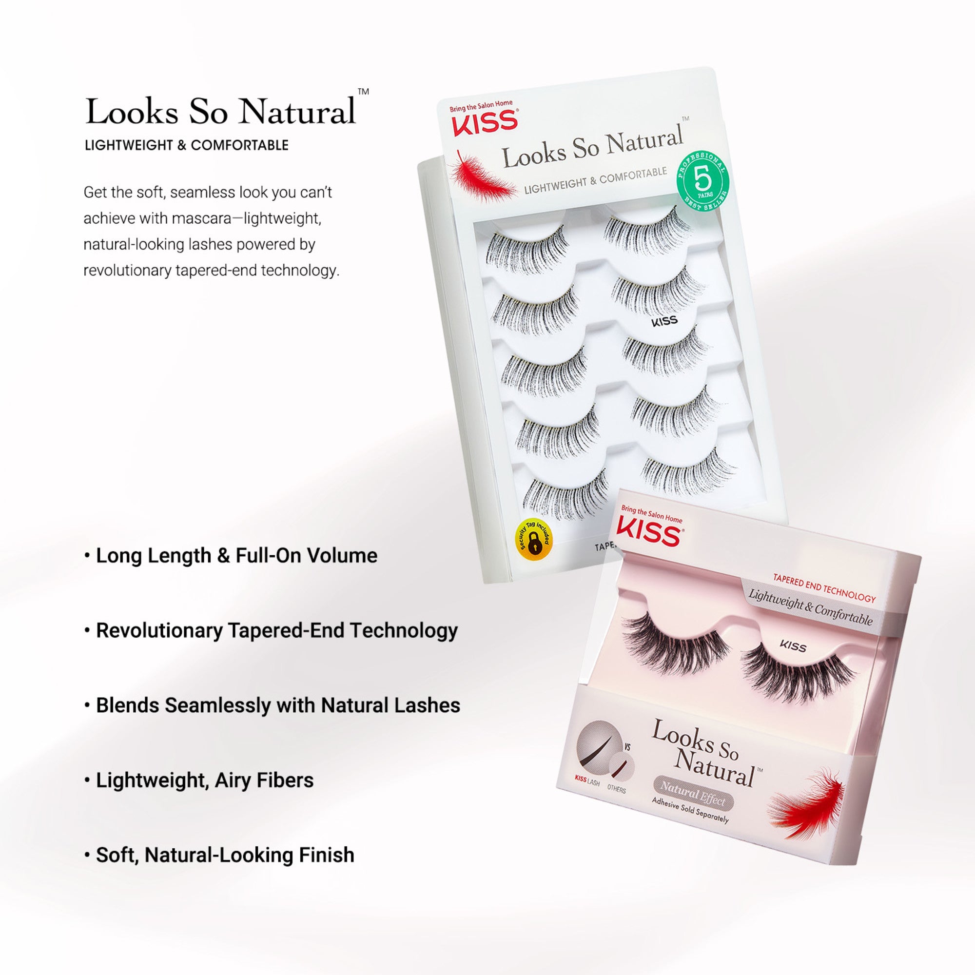 KISS Looks So Natural Flirty false eyelash multipack with five pairs in white packaging, emphasizing lightweight, tapered-end technology for a soft, seamless, natural look.