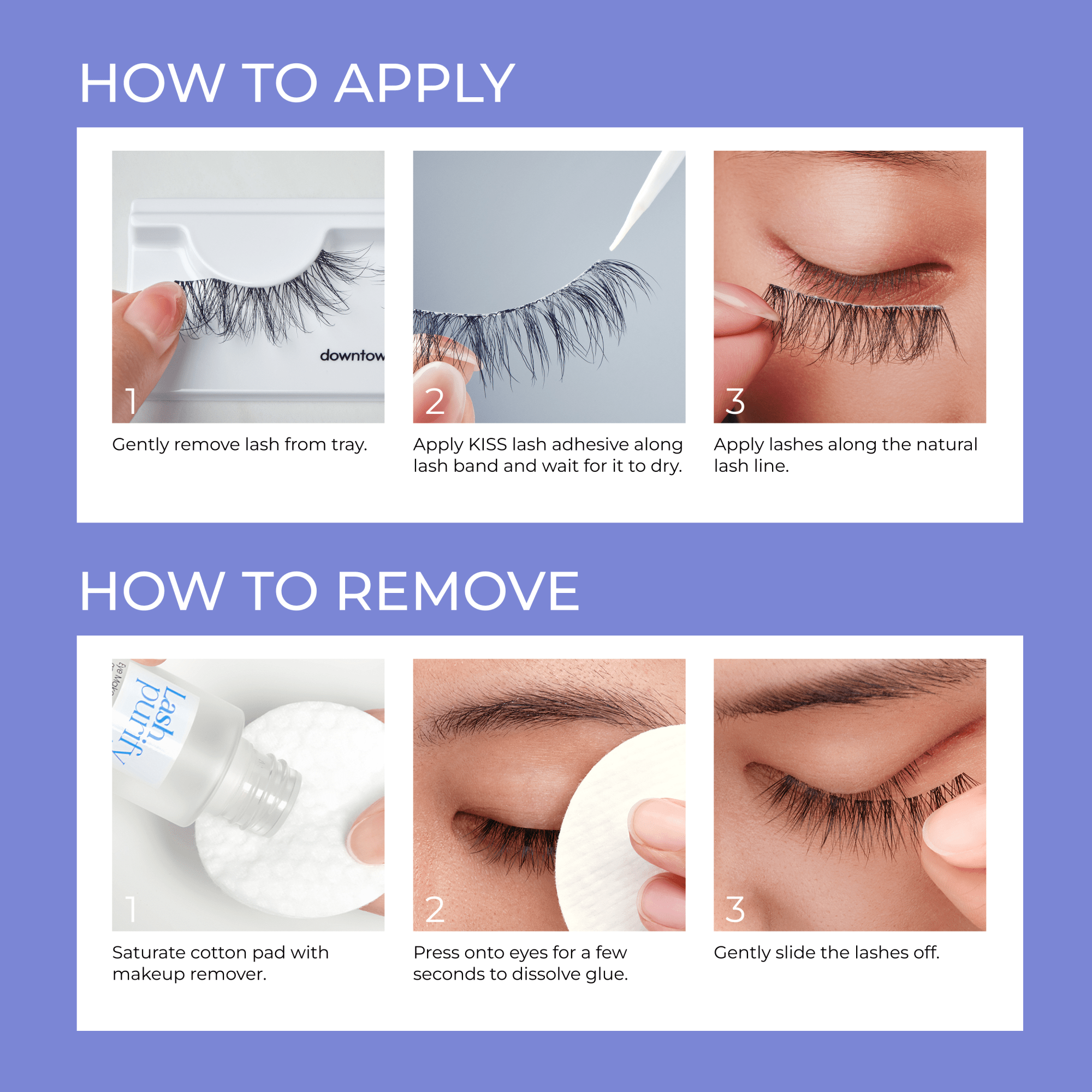 “Step-by-step application and removal guide for KISS Lash Couture Strip Lash Adhesive.