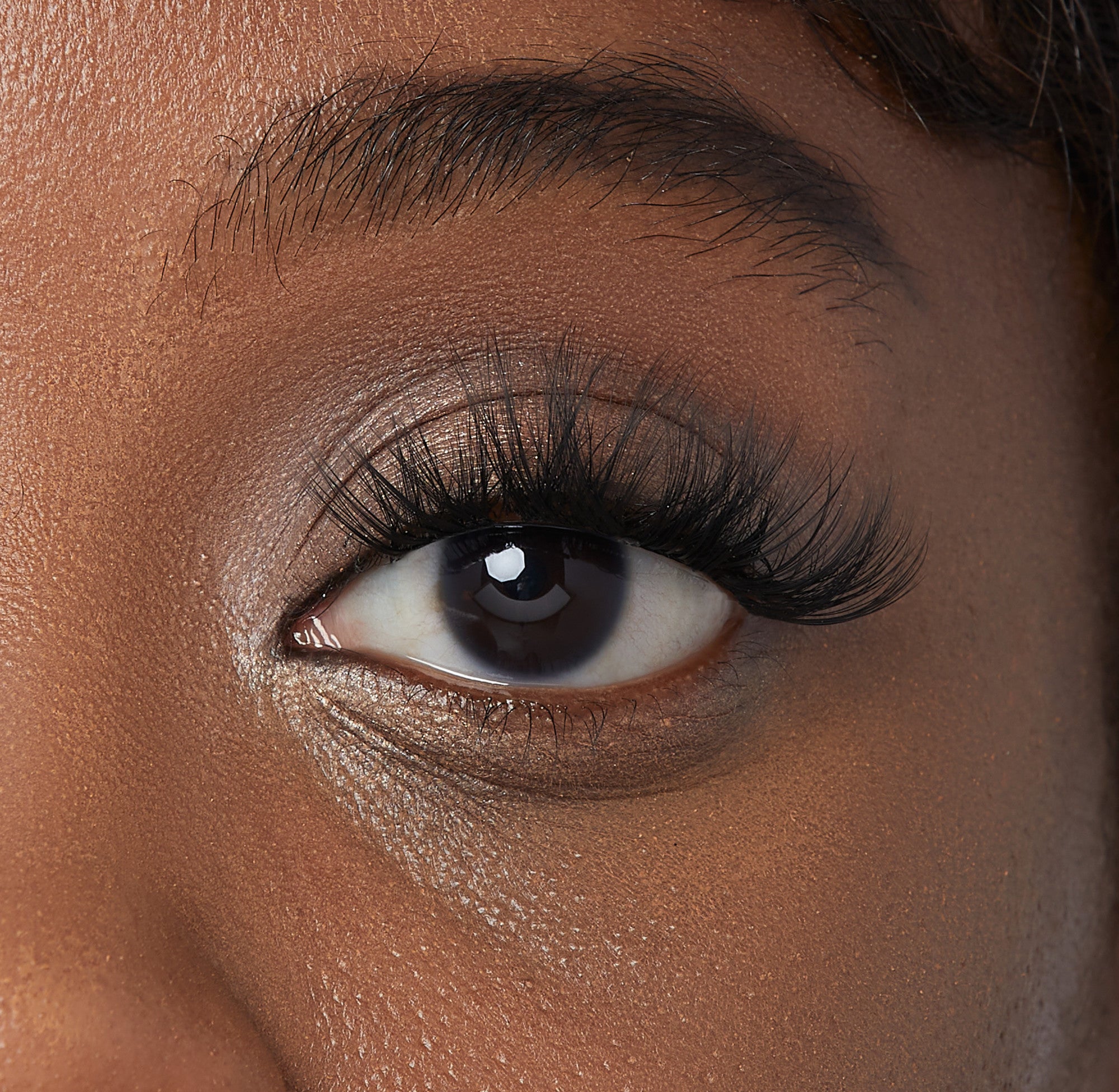 Close-up of a brown eye with long, voluminous, bold black false eyelashes applied, showing the full lash length and curl on dark skin.