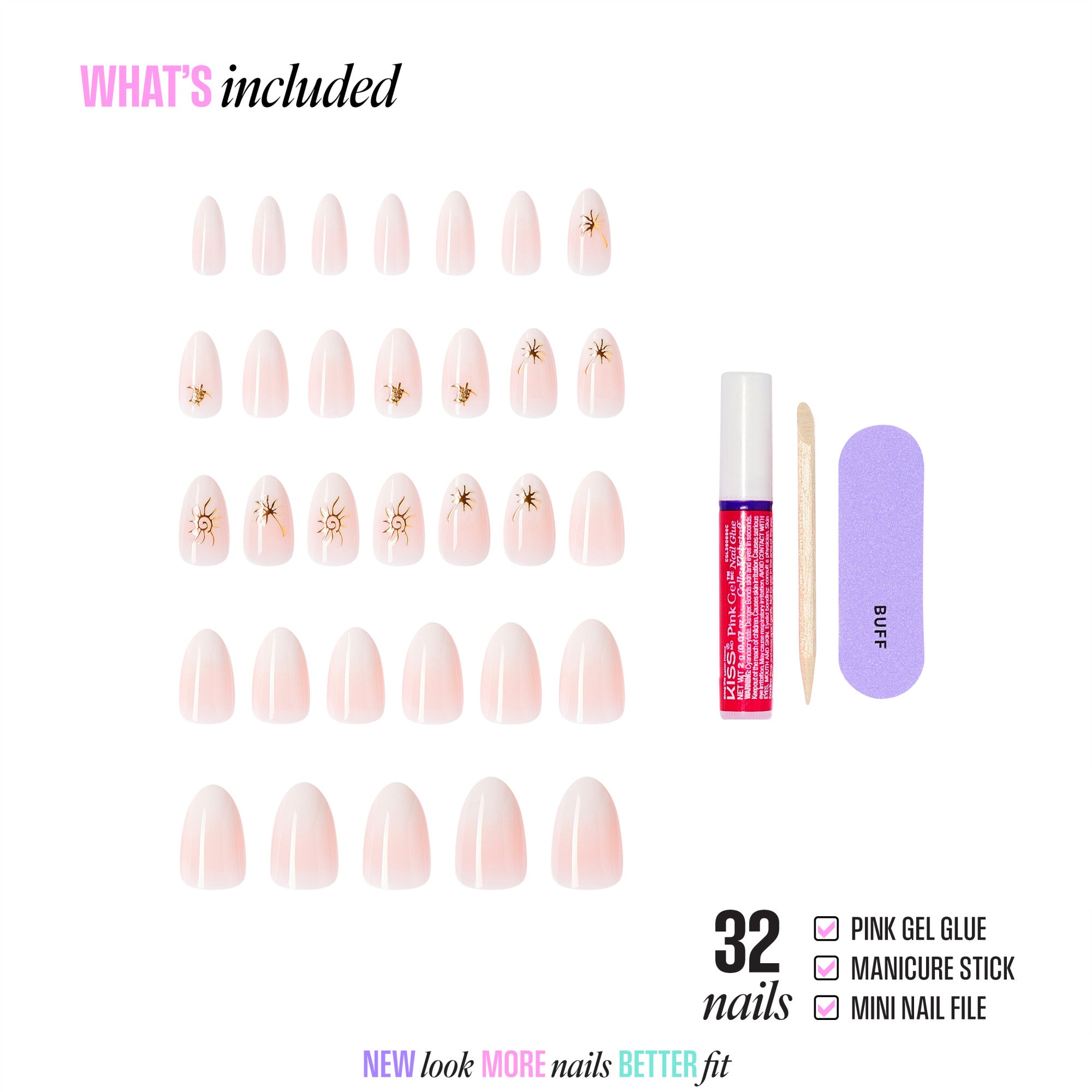 Set of false nails with gel glue, manicure stick, and nail file on a white background