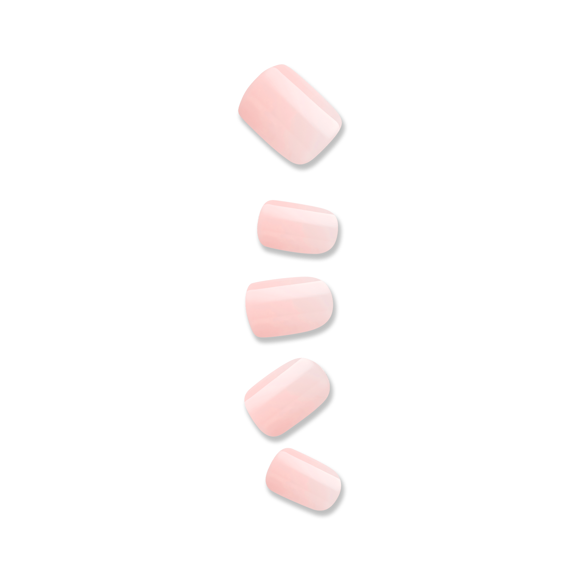Soft pink press-on nails arranged vertically, showing a natural and glossy finish in various sizes for a bare but polished look.