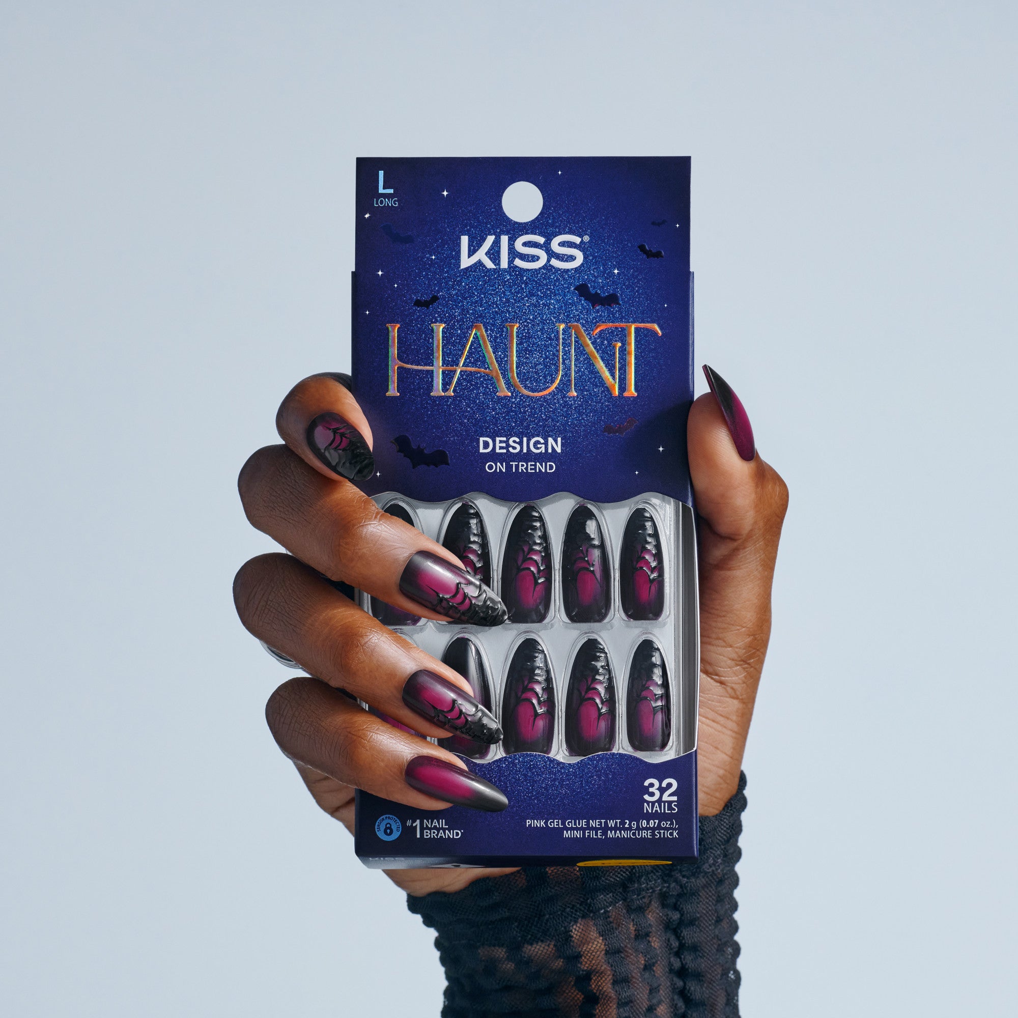 Kiss Haunt Halloween Press On Fake Glue Nails - Ghoulfriend | Design, Black & Red, Long, Almond