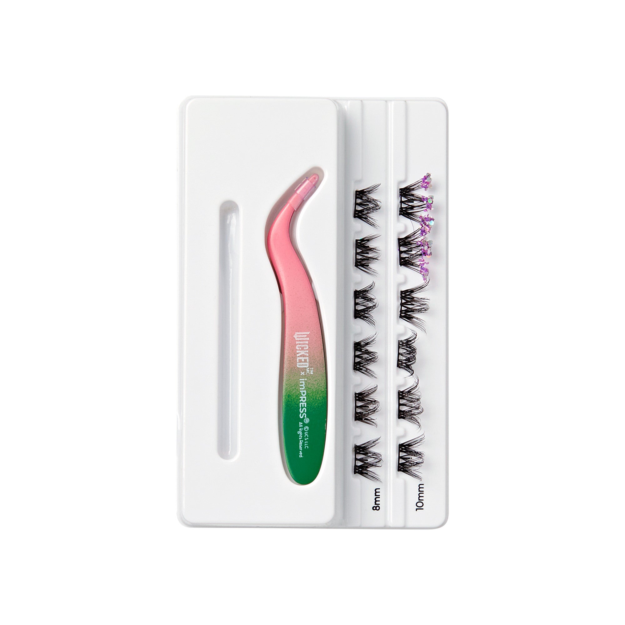 White plastic tray containing a pink-to-green gradient curved tweezer labeled \