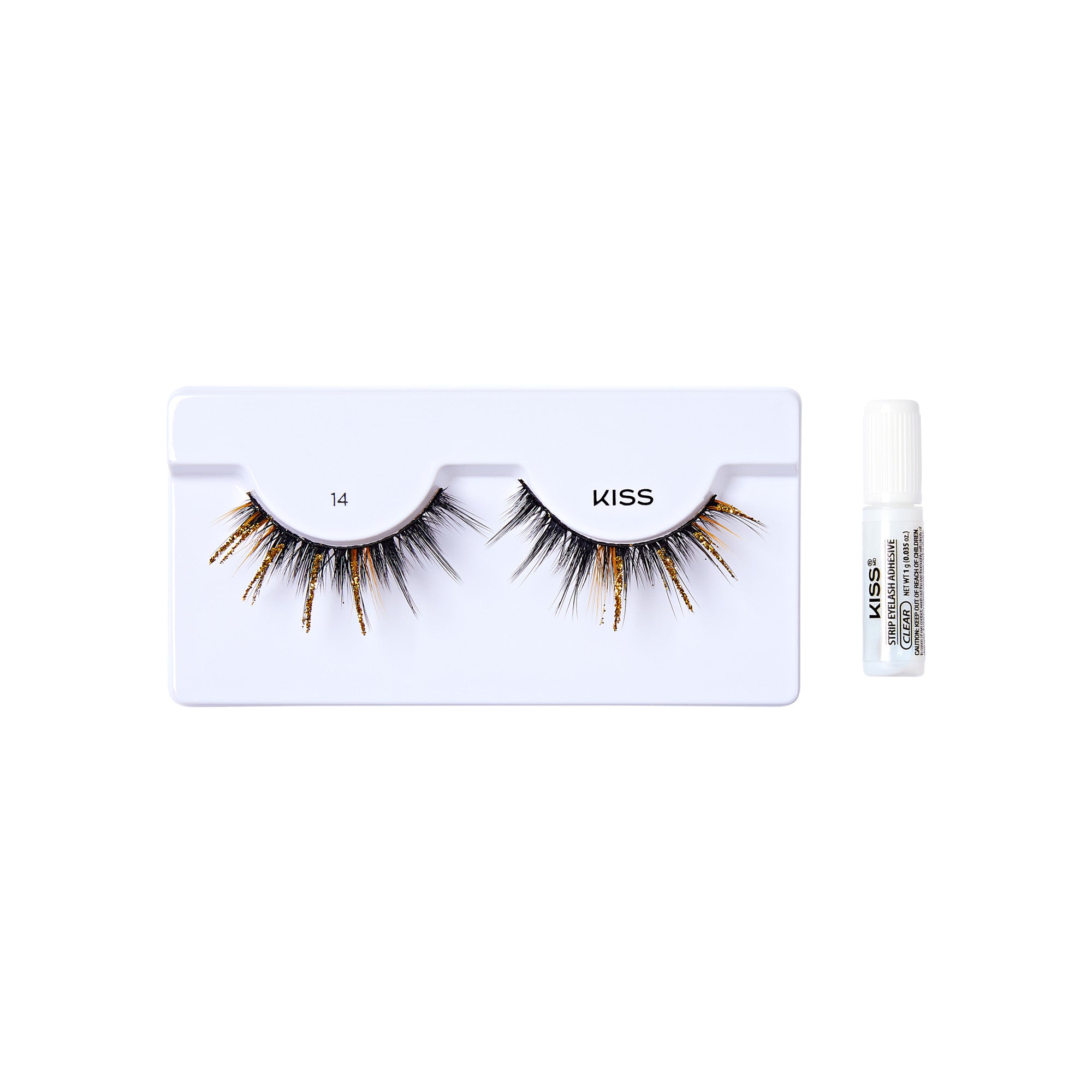 The image features a set of false eyelashes from the brand "KISS." The eyelashes are displayed on a white plastic holder, with the number "14" indicated on the left side. The lashes are black with gold accents, giving them a dramatic and glamorous appearance. To the right of the eyelashes, there is a small tube of adhesive glue, also branded with "KISS," intended for applying the false eyelashes. The overall presentation is clean and minimalistic, highlighting the product&