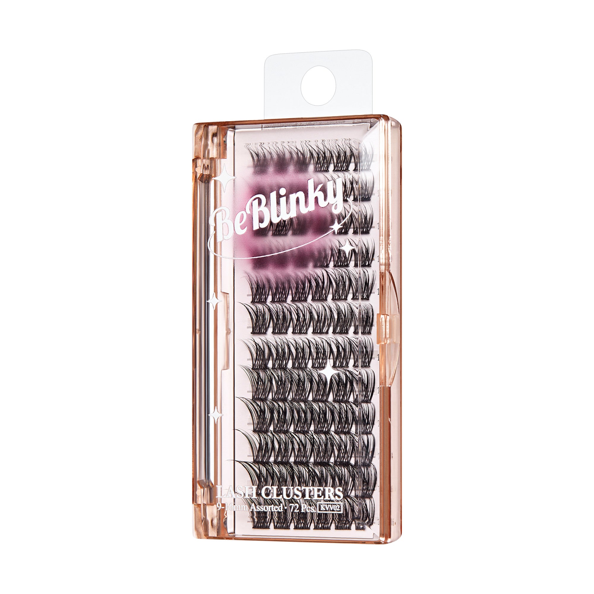 The image features a clear plastic case containing individual lash clusters. The clusters are arranged neatly in rows, showcasing a variety of lengths and styles. The packaging is designed with a soft pink and white color scheme, prominently displaying the brand name "Be Blinky!" at the top. The overall presentation suggests a focus on beauty and eye enhancement, appealing to those interested in eyelash extensions or enhancements.