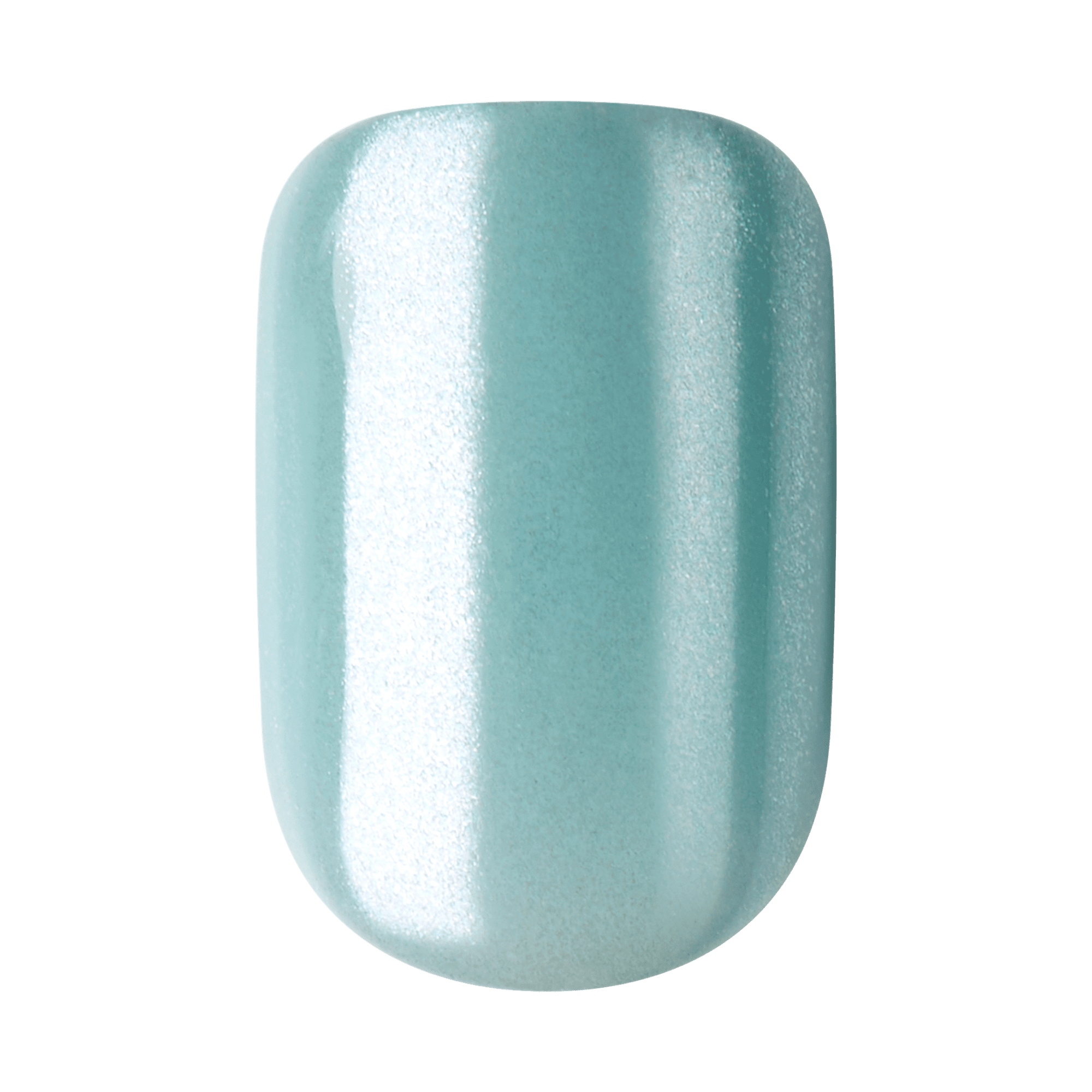 The image shows a single artificial nail with a glossy, light blue finish. The nail has a smooth, shiny surface with a subtle shimmer, giving it a polished and elegant appearance. The shape of the nail is slightly rounded at the top, typical of a well-manicured artificial nail.