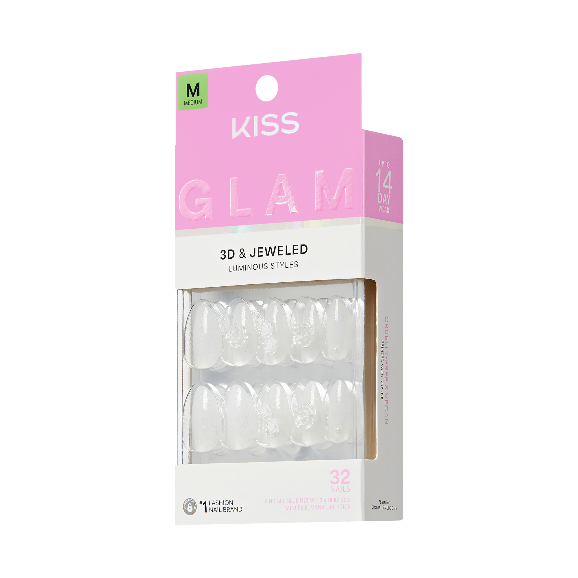 Kiss Glam Jeweled Press On Fake Glue Nails - Polaroid | 3D & Jeweled Design, White, Medium, Almond