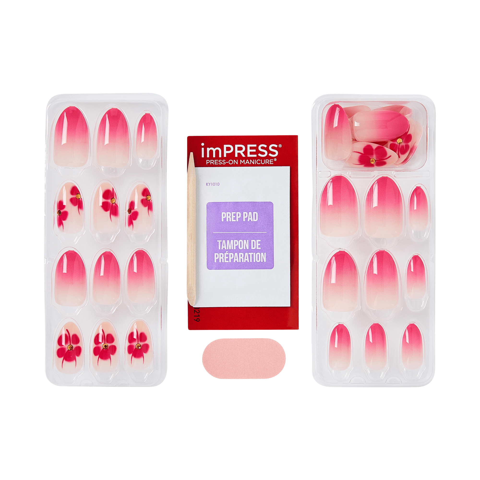 imPRESS Press-On Manicure kit contents showing two nail trays with pink ombre oval nails and floral art, prep pad, manicure stick, and mini nail file on transparent background