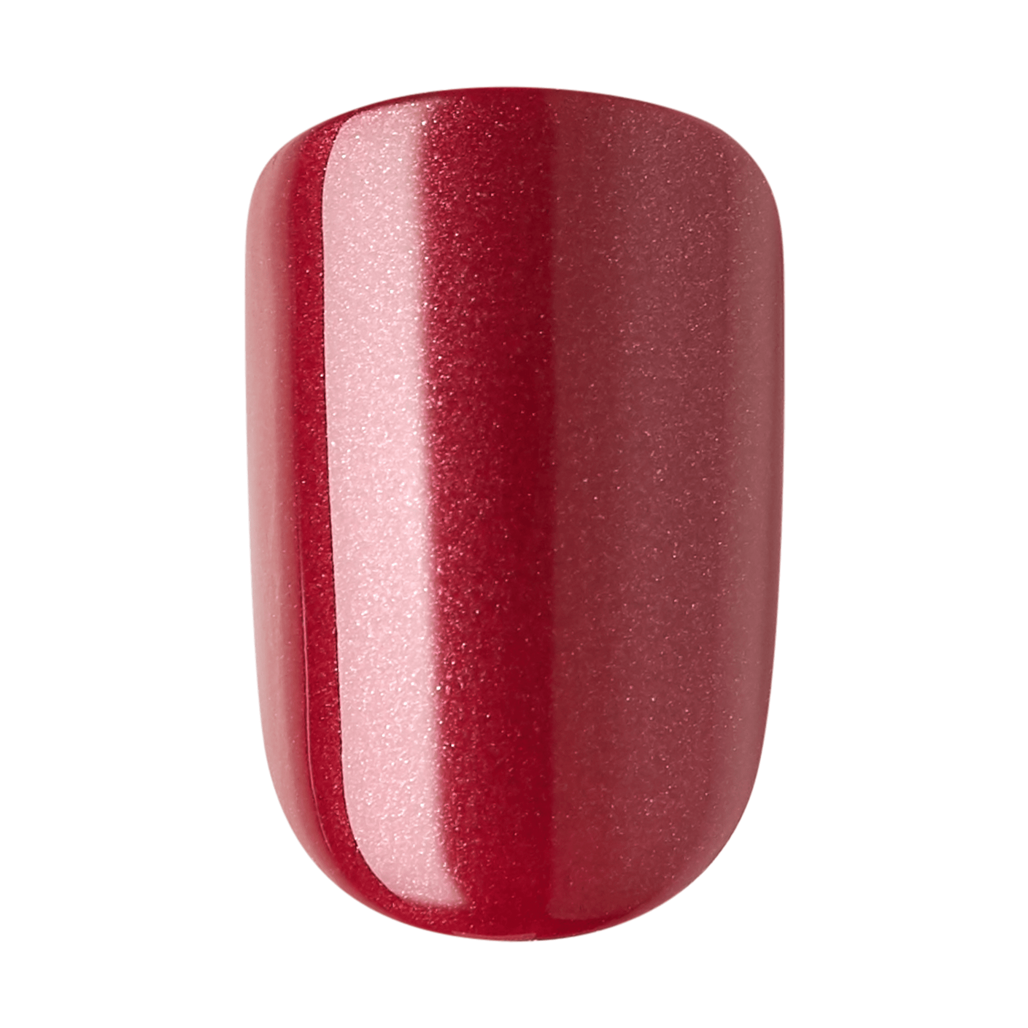 Glossy, press-on nail in a deep red velvet shade with subtle shimmer and a smooth, rounded tip, shown against a white background.