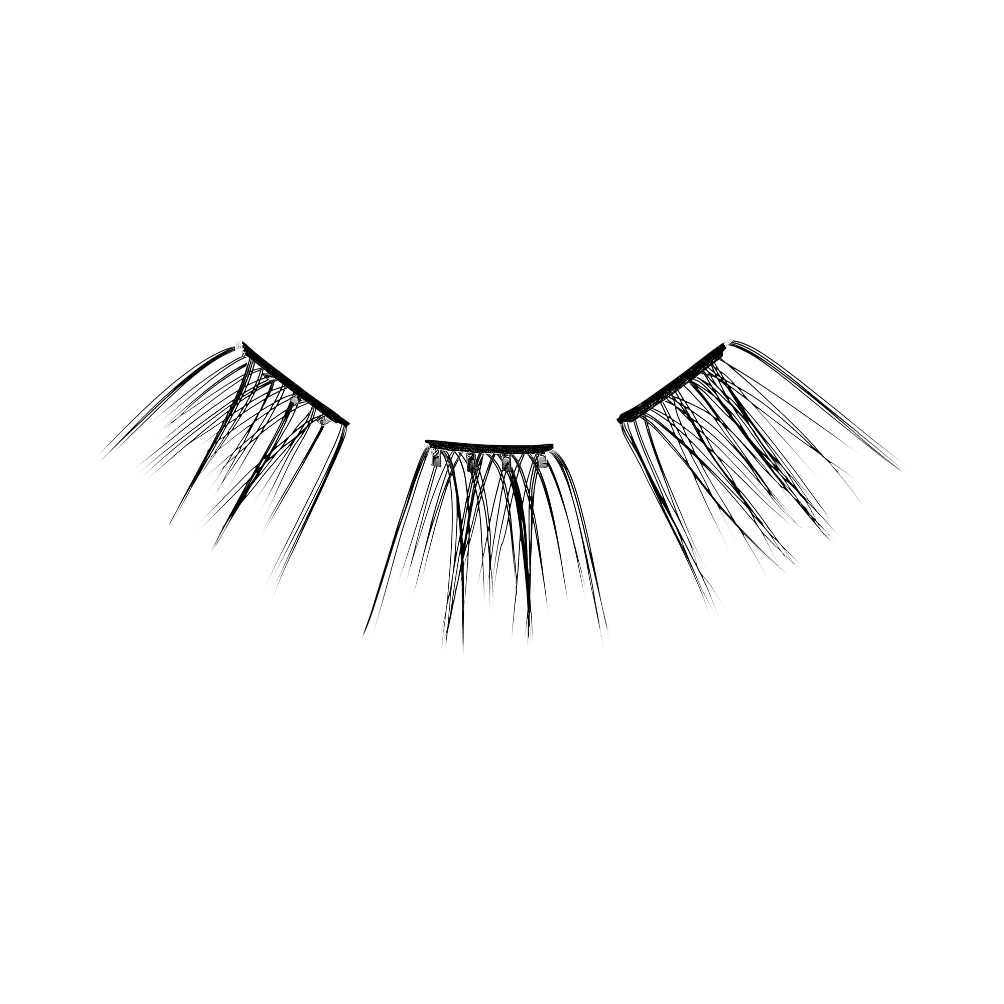 The image depicts three clusters of false eyelashes arranged in a semi-circular pattern. Each cluster consists of multiple individual lashes that are attached to a small, dark band at the base. The lashes are long, thin, and taper towards the ends, giving them a natural and wispy appearance. The background is plain white, which highlights the details of the eyelashes.