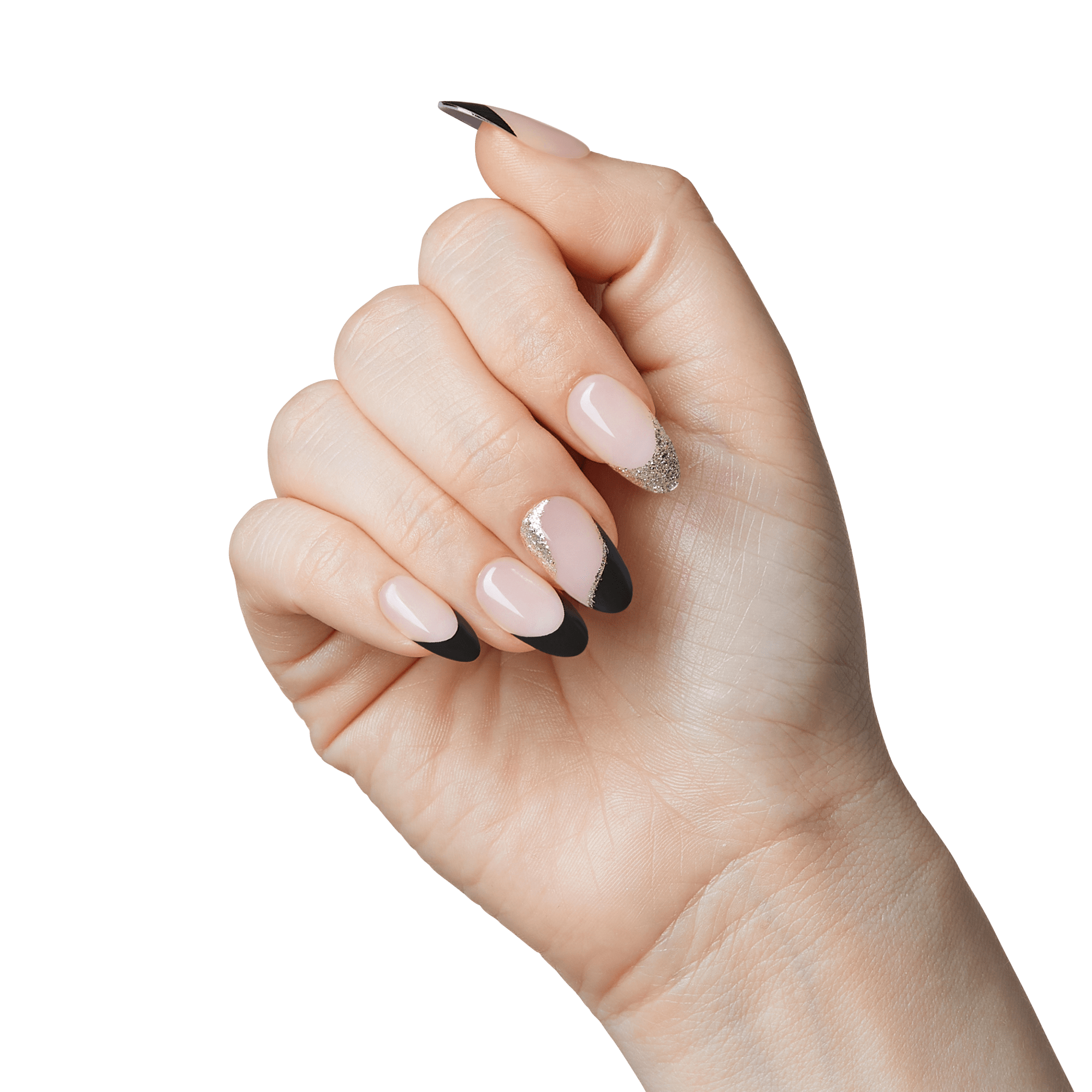 The image shows a close-up of a hand with manicured nails. The nails are almond-shaped and feature a stylish design. The base color of the nails is a natural, nude shade. The tips of the nails are painted black, creating a French manicure effect. Additionally, there is a glittery, silver accent on the ring finger, adding a touch of sparkle to the overall look. The hand is positioned against a plain white background.