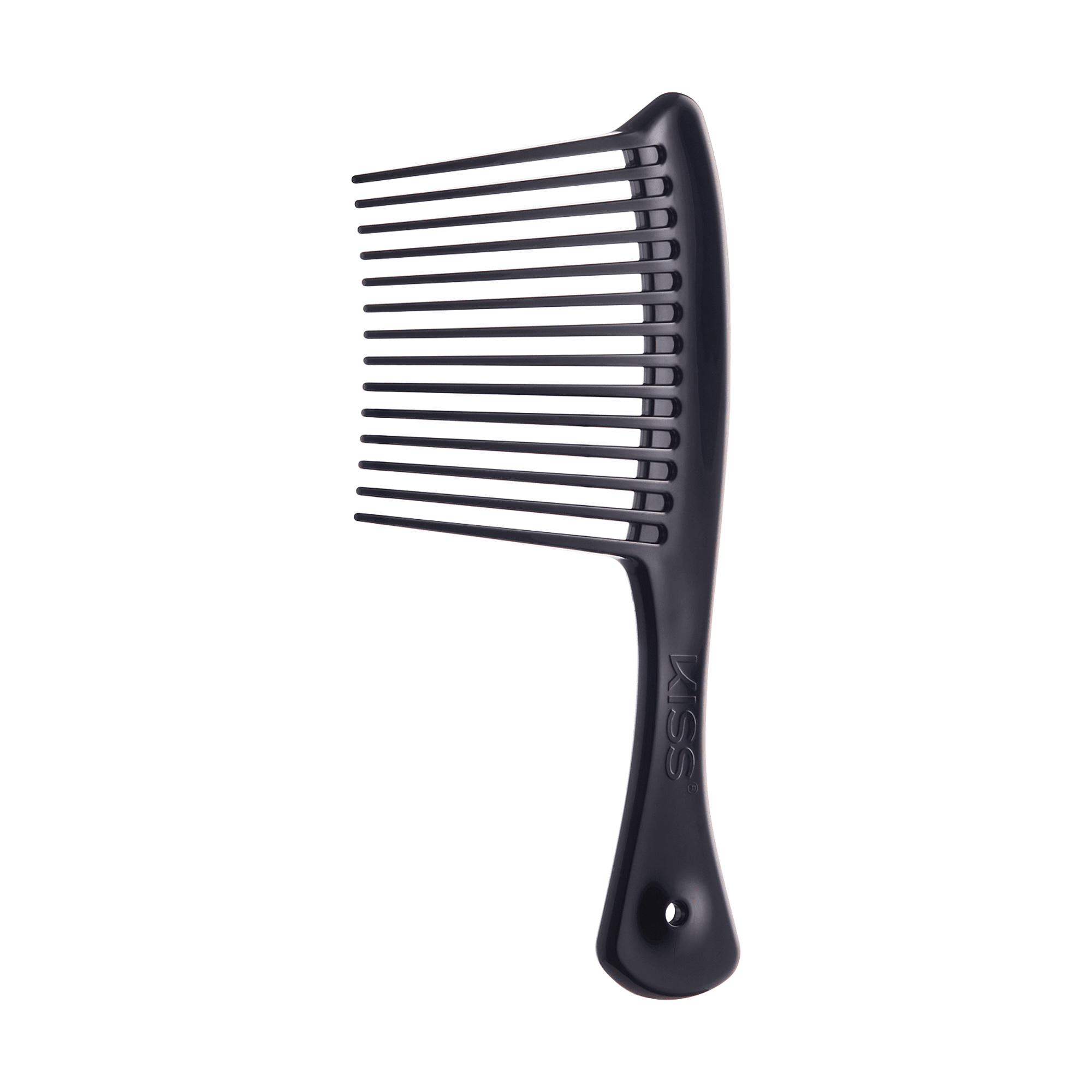 Black jumbo rake comb with wide, evenly spaced teeth and a slightly curved handle featuring the embossed brand name \