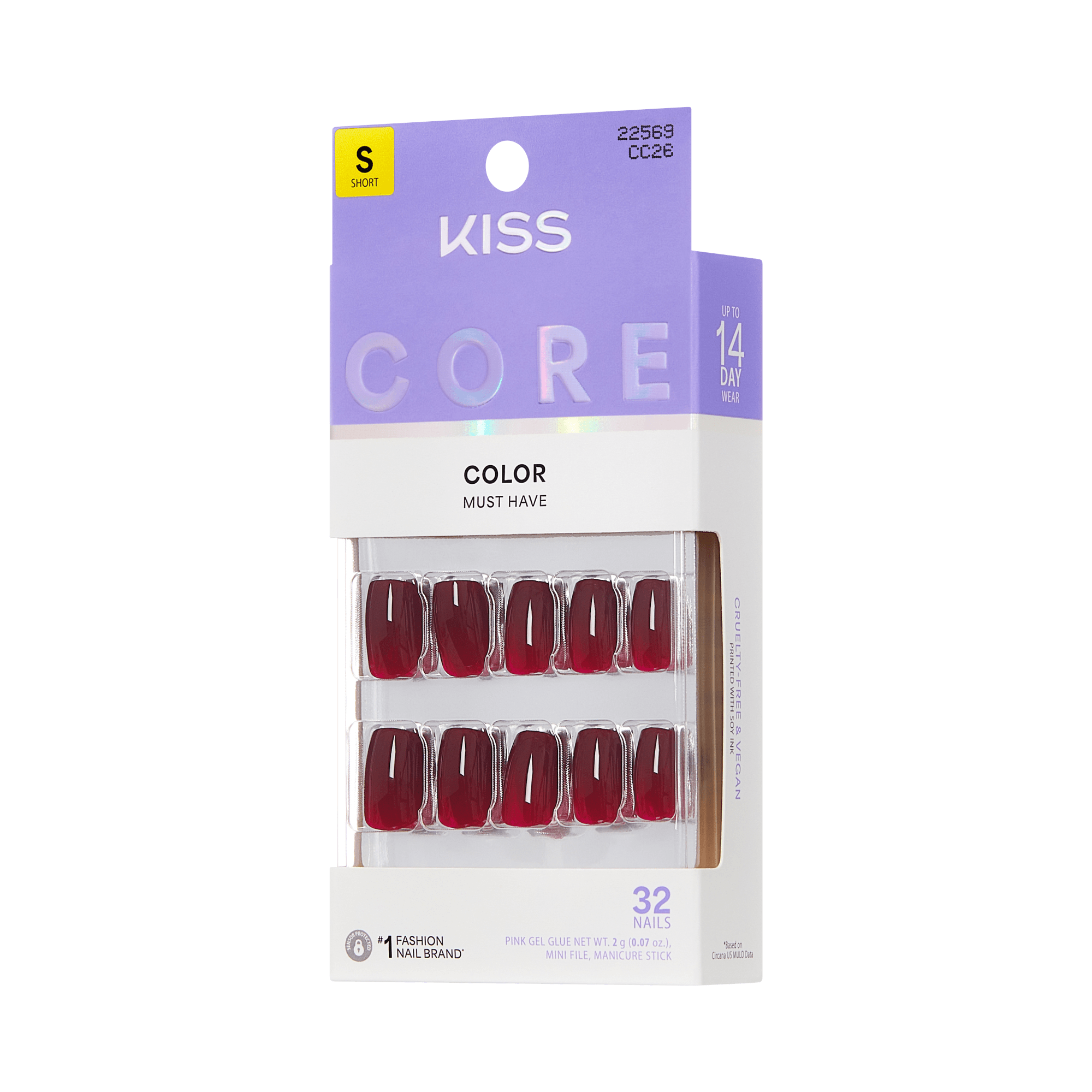KISS Core Color Must Have short press-on nails in deep burgundy, 32 count pack.