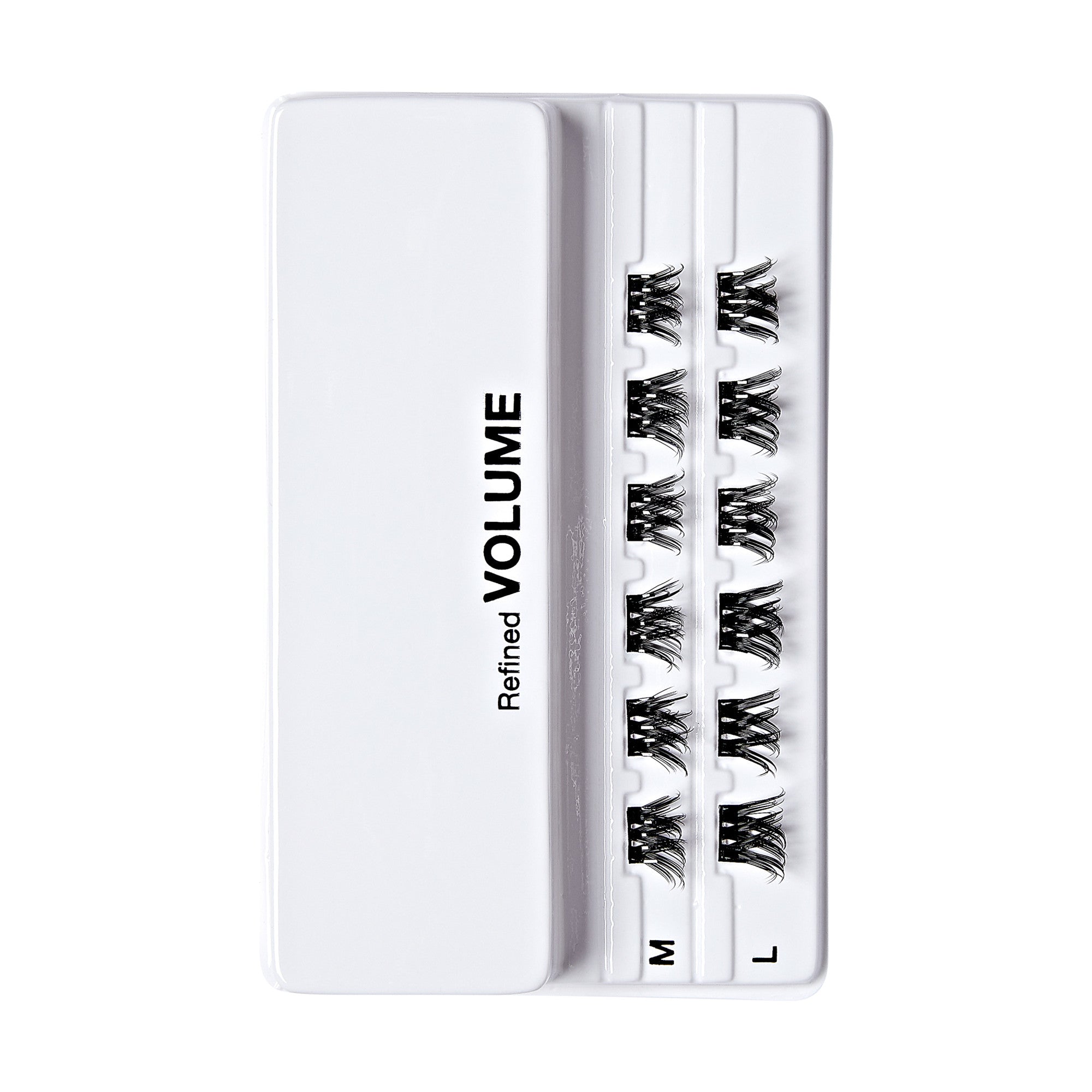 The image shows a white plastic case containing false eyelashes. The case is labeled "Refined VOLUME" on the left side. Inside the case, there are three rows of false eyelashes, each row labeled with a different size: "S" (small), "M" (medium), and "L" (large). The eyelashes are neatly arranged in their respective compartments.